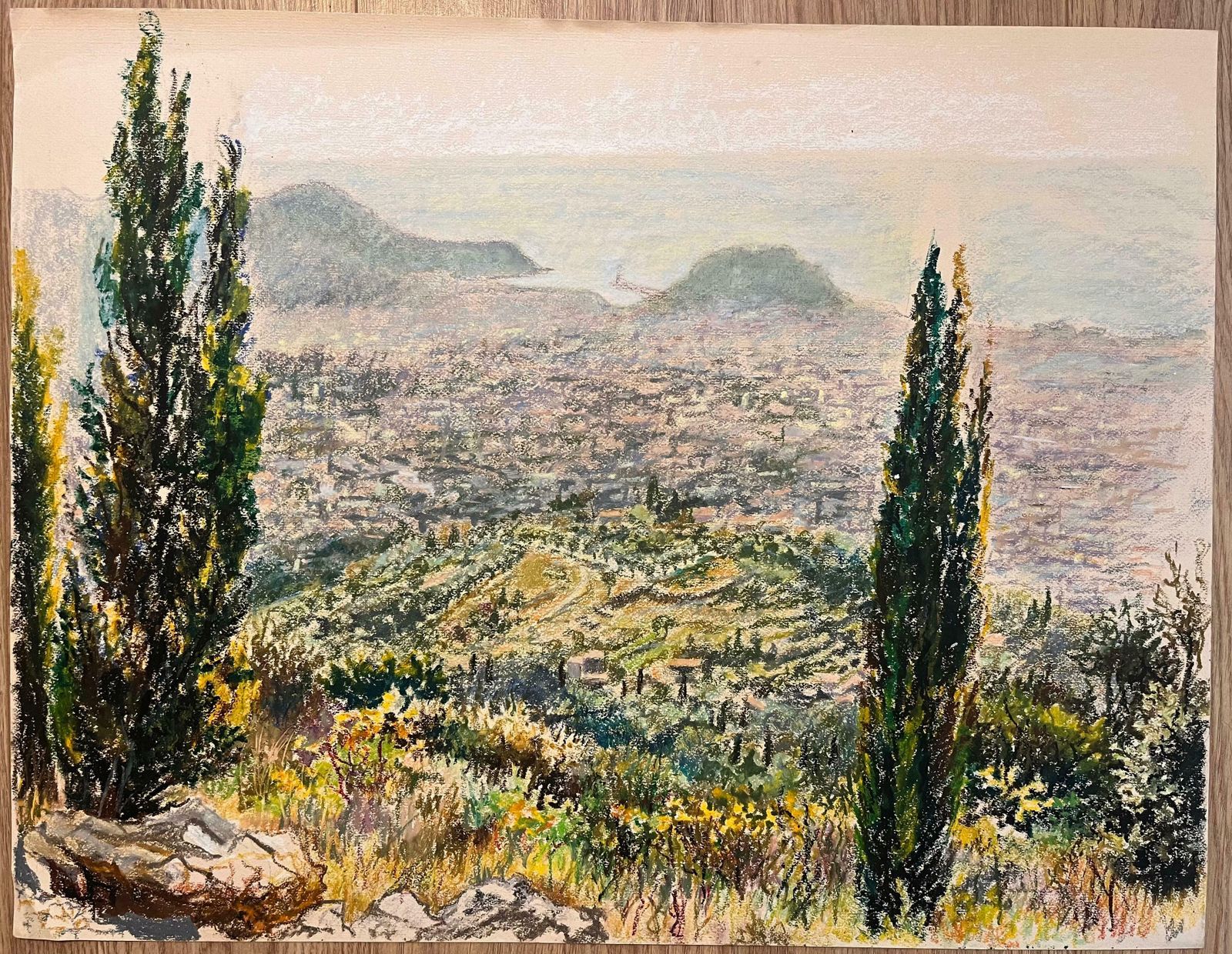 Josine Vignonmid Century French Pastel Drawing Of Distant Hillside View With Cypress Trees1950's photo furniture
