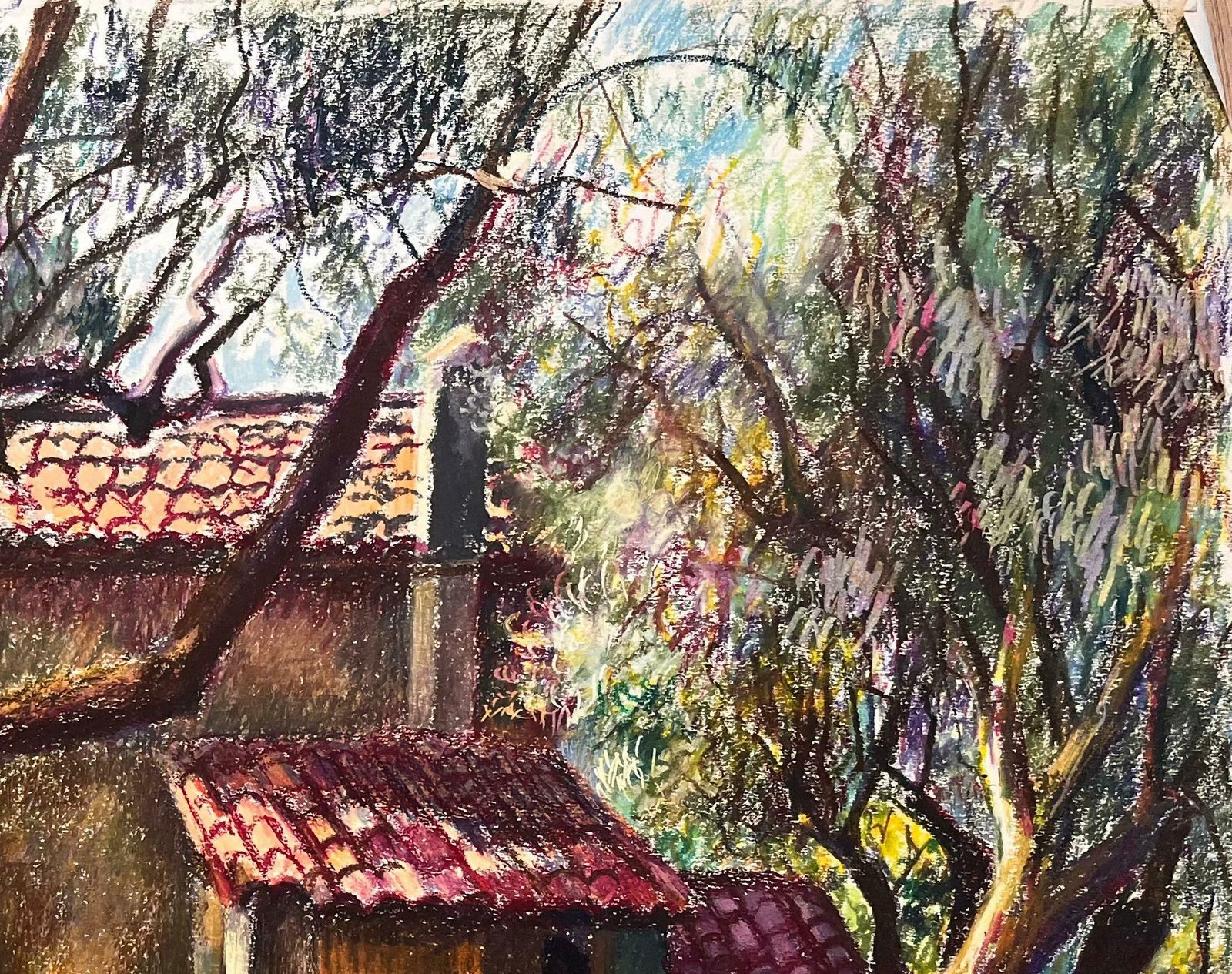 Josine Vignonmid Century French Pastel Drawing Of Cottage Surrounded By Trees1950's photo Art