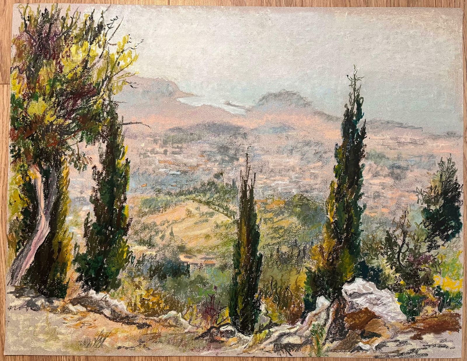 Josine Vignonmid Century French Original Pastel Drawing Of Hillside View With Cypress Trees1950's photo furniture