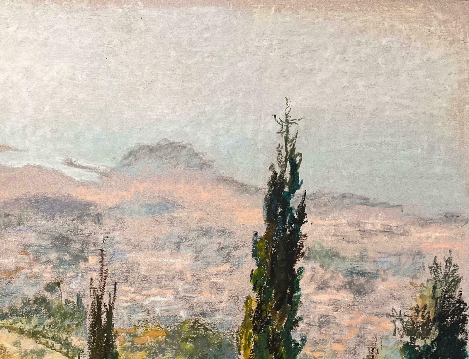 Josine Vignonmid Century French Original Pastel Drawing Of Hillside View With Cypress Trees1950's photo Art