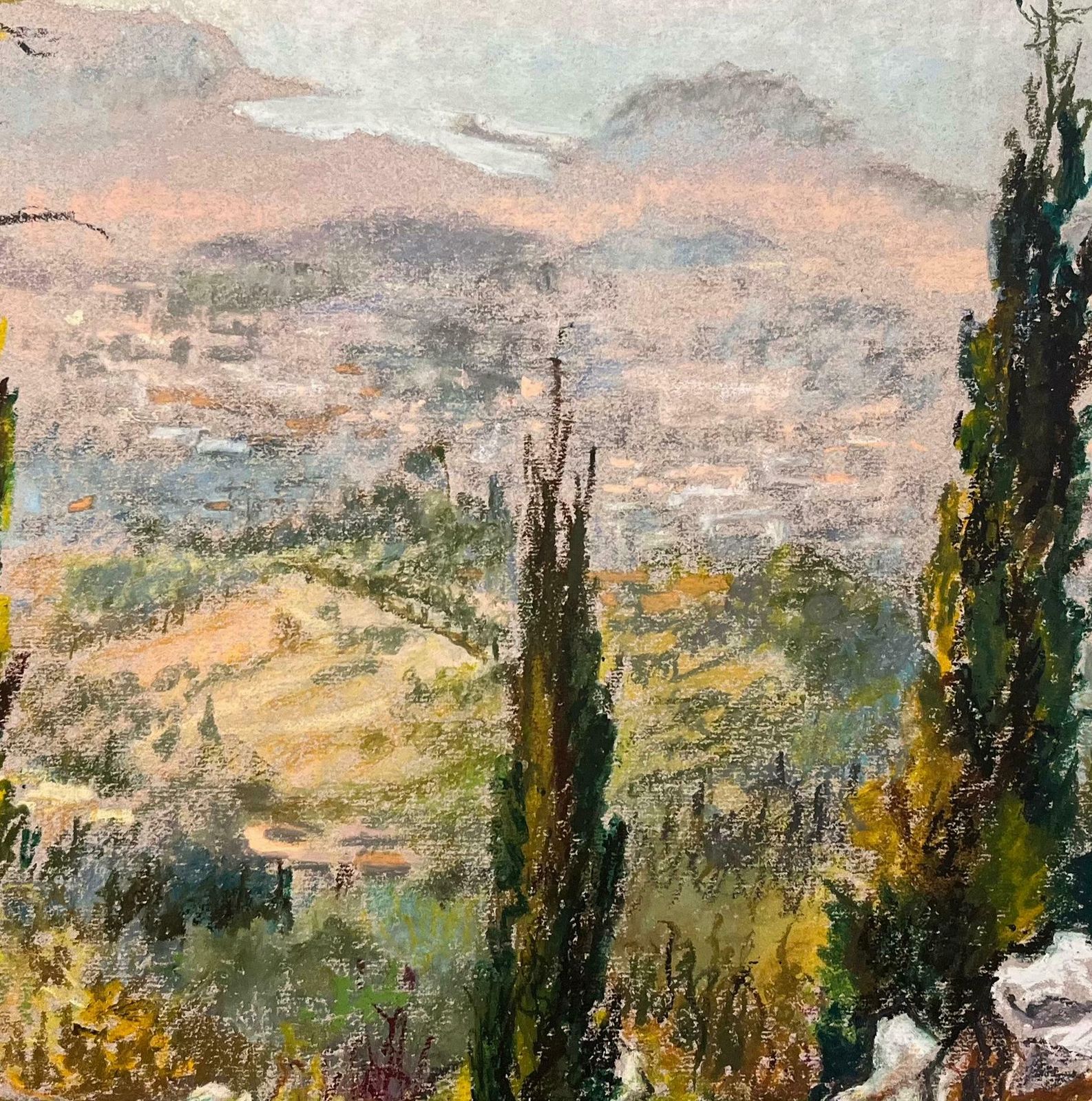 Josine Vignonmid Century French Original Pastel Drawing Of Hillside View With Cypress Trees1950's photo buy