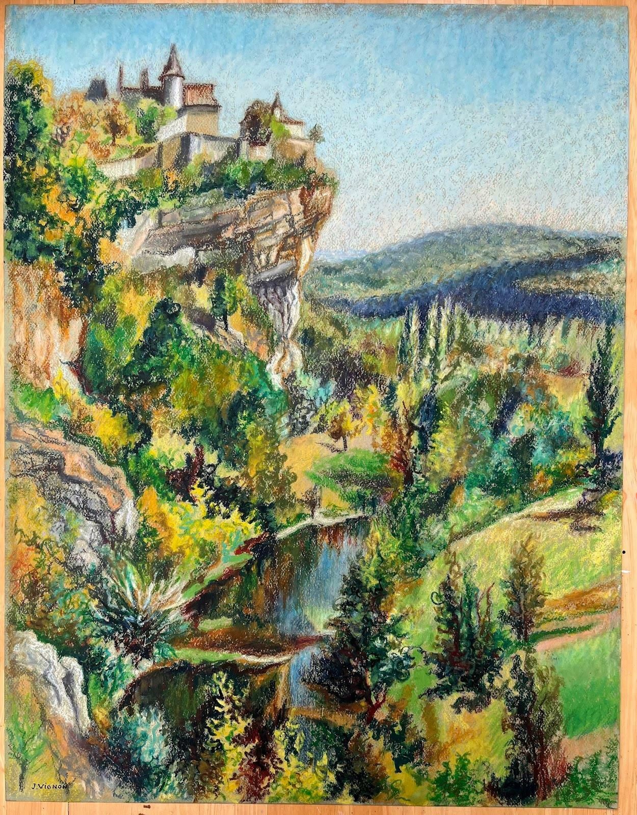 Josine Vignonmid Century French Original Pastel Painting Of A Cliffside Village1950's