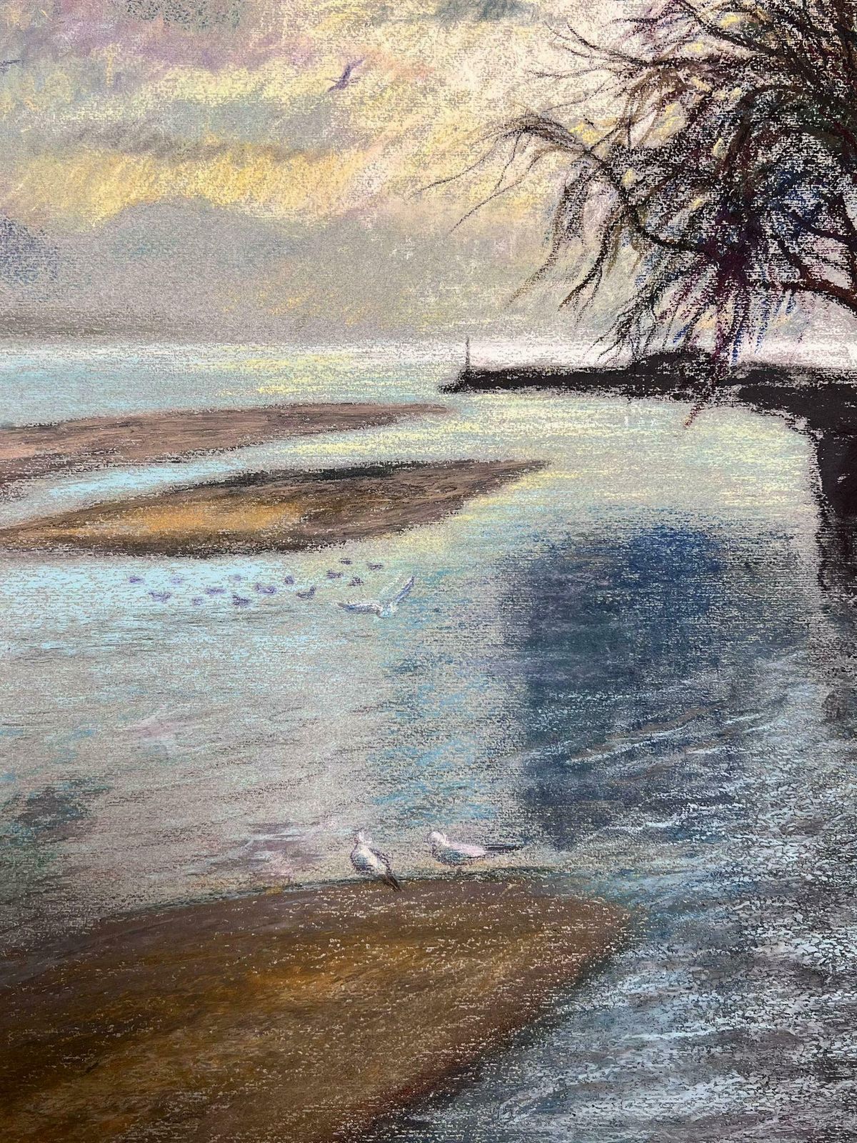Josine Vignonwhite Birds Flying Over Dappled Light Lakes 1970's French Impressionist Pastel1977 photo for sale