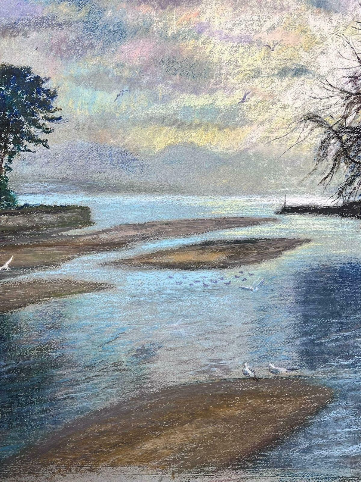 Josine Vignonwhite Birds Flying Over Dappled Light Lakes 1970's French Impressionist Pastel1977 photo vinterior