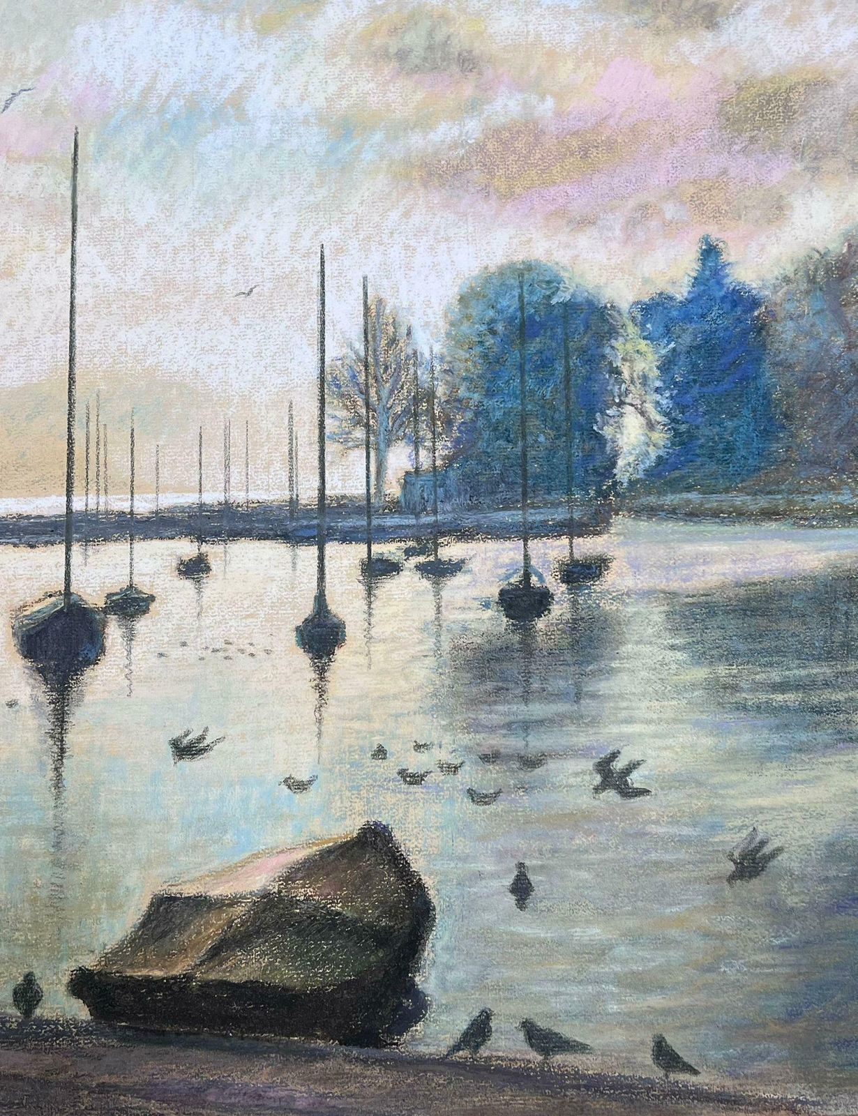Josine Vignonbirds Flying Over Dappled Light Over Still Harbour 1970s French Pastel Landscape1977 photo furniture