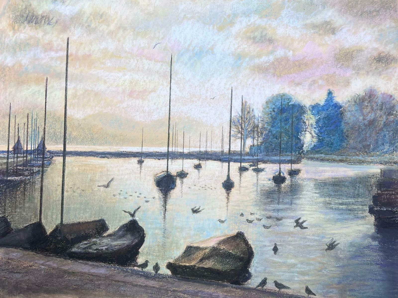 Josine Vignonbirds Flying Over Dappled Light Over Still Harbour 1970s French Pastel Landscape1977 photo vinterior