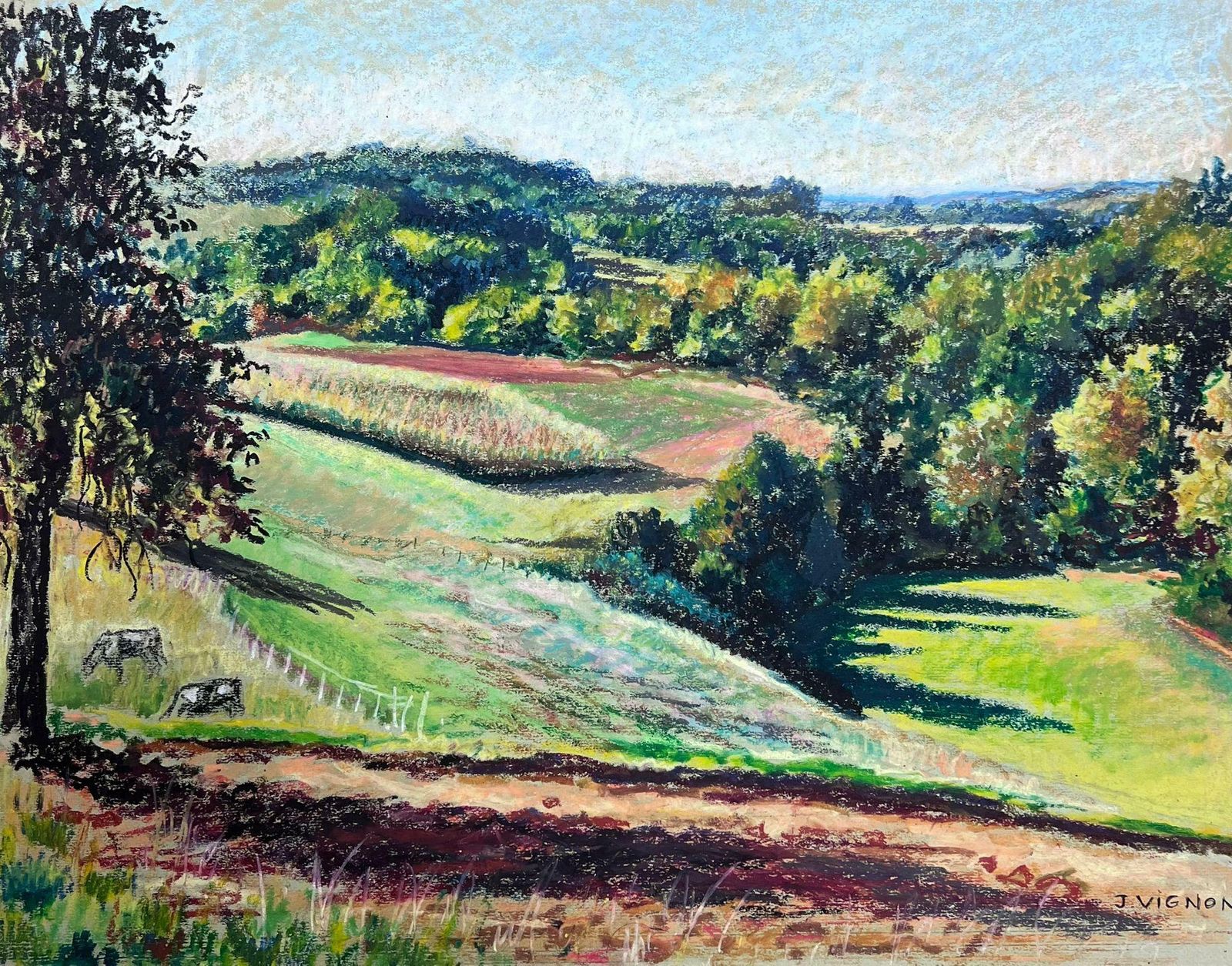 Josine Vignonlarge 1970's French Impressionist Pastel Cows Munching On Summer Green Grass1977