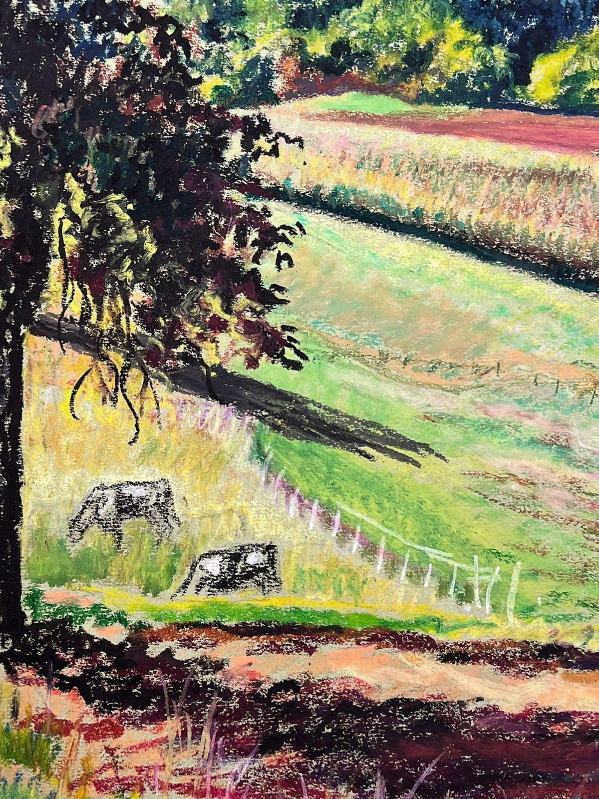 Josine Vignonlarge 1970's French Impressionist Pastel Cows Munching On Summer Green Grass1977 photo Art