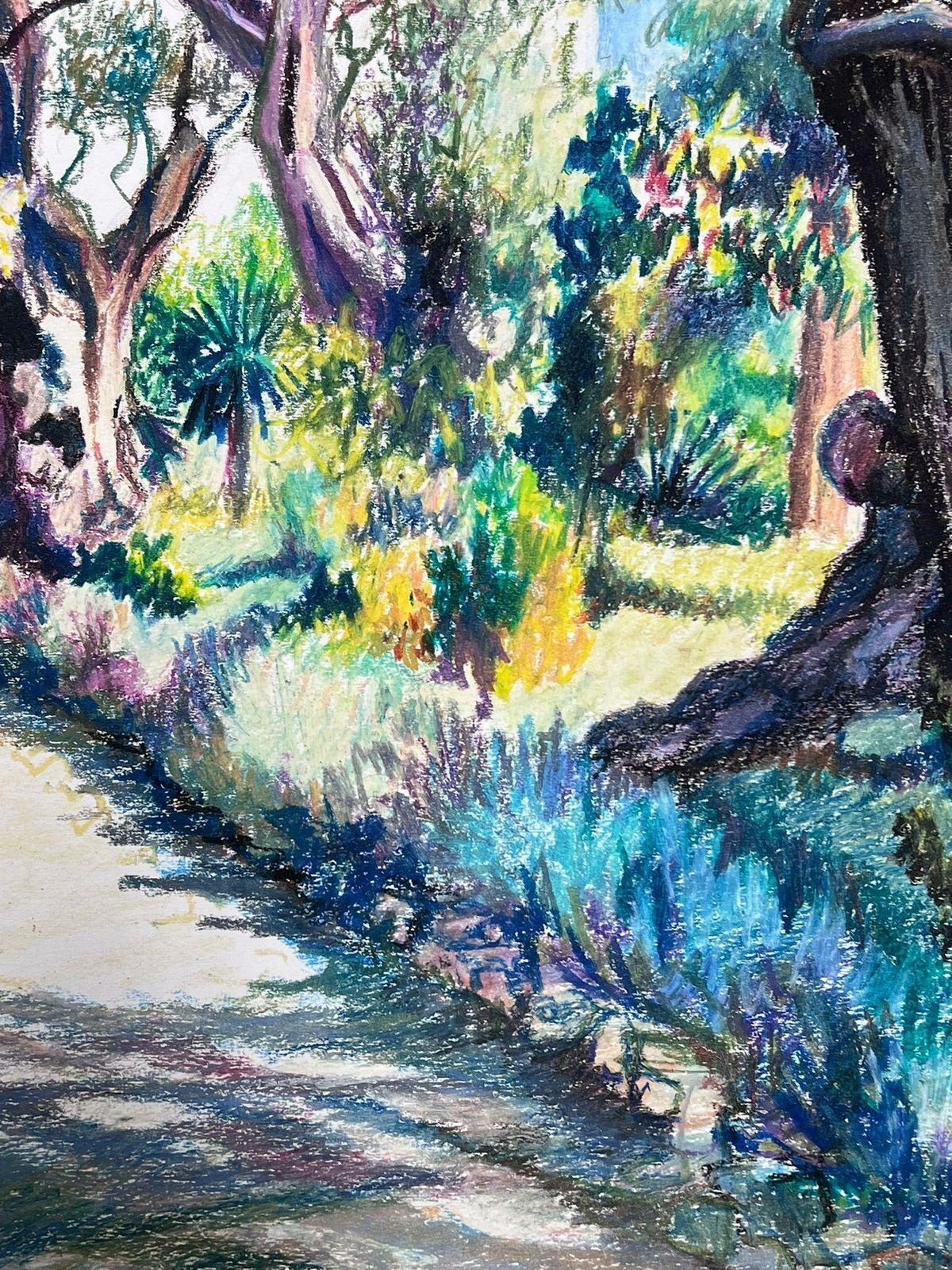 Josine Vignonsummer Coastal Tree Path Large 1970's French Impressionist Pastel 1977 photo for sale