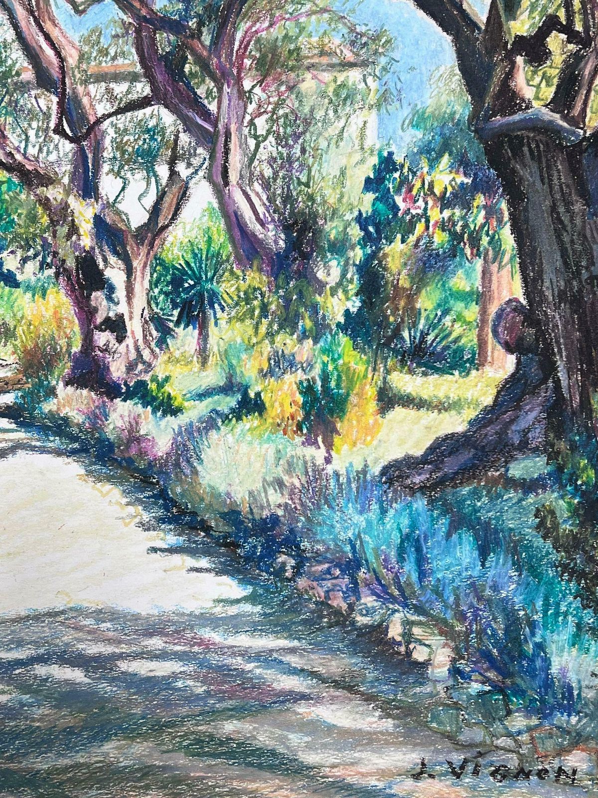Josine Vignonsummer Coastal Tree Path Large 1970's French Impressionist Pastel 1977 photo 875.0