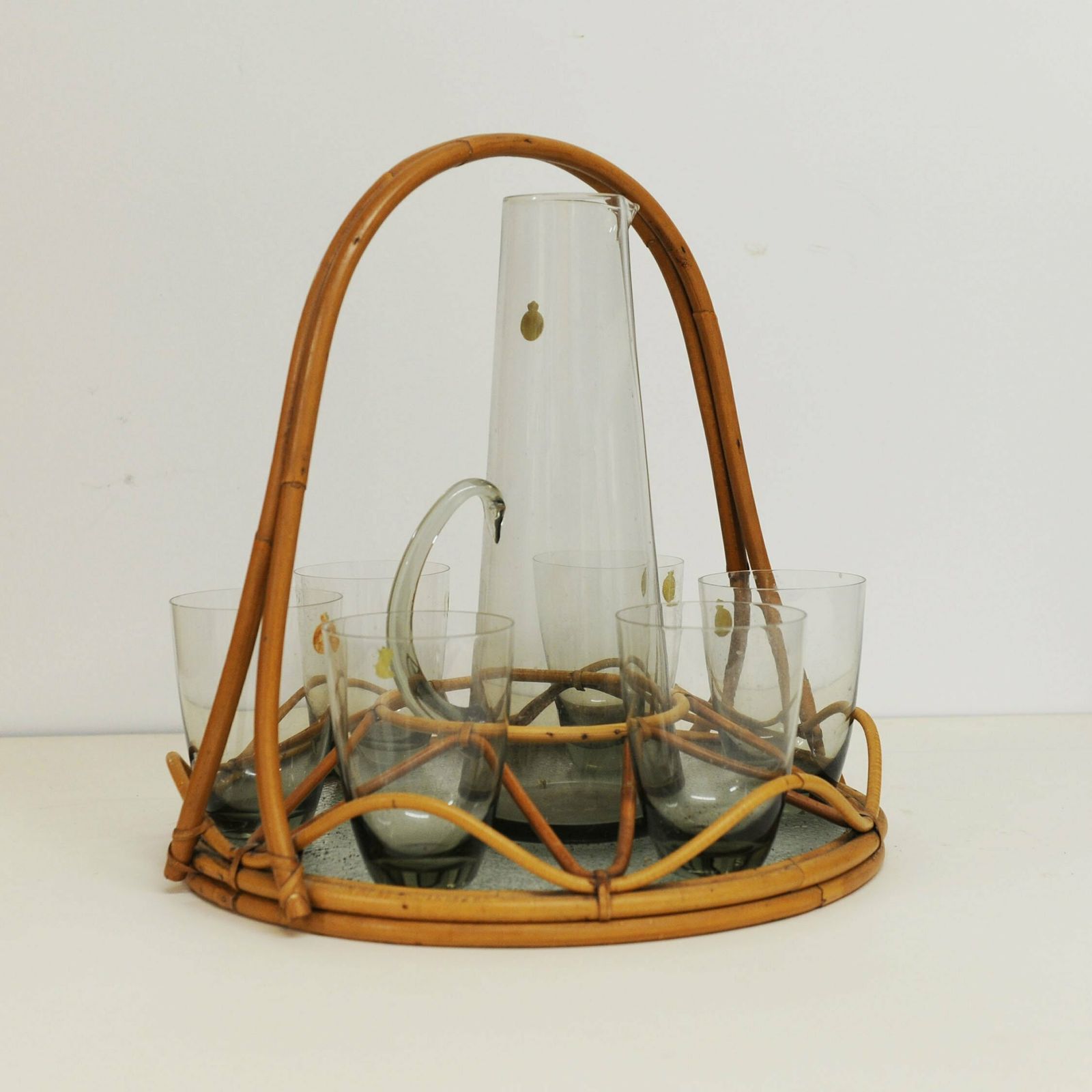 Smoke Grey Martini Glass Pitcher And Six Glass Cups By Per Lütken For Holmegaard, 1960s