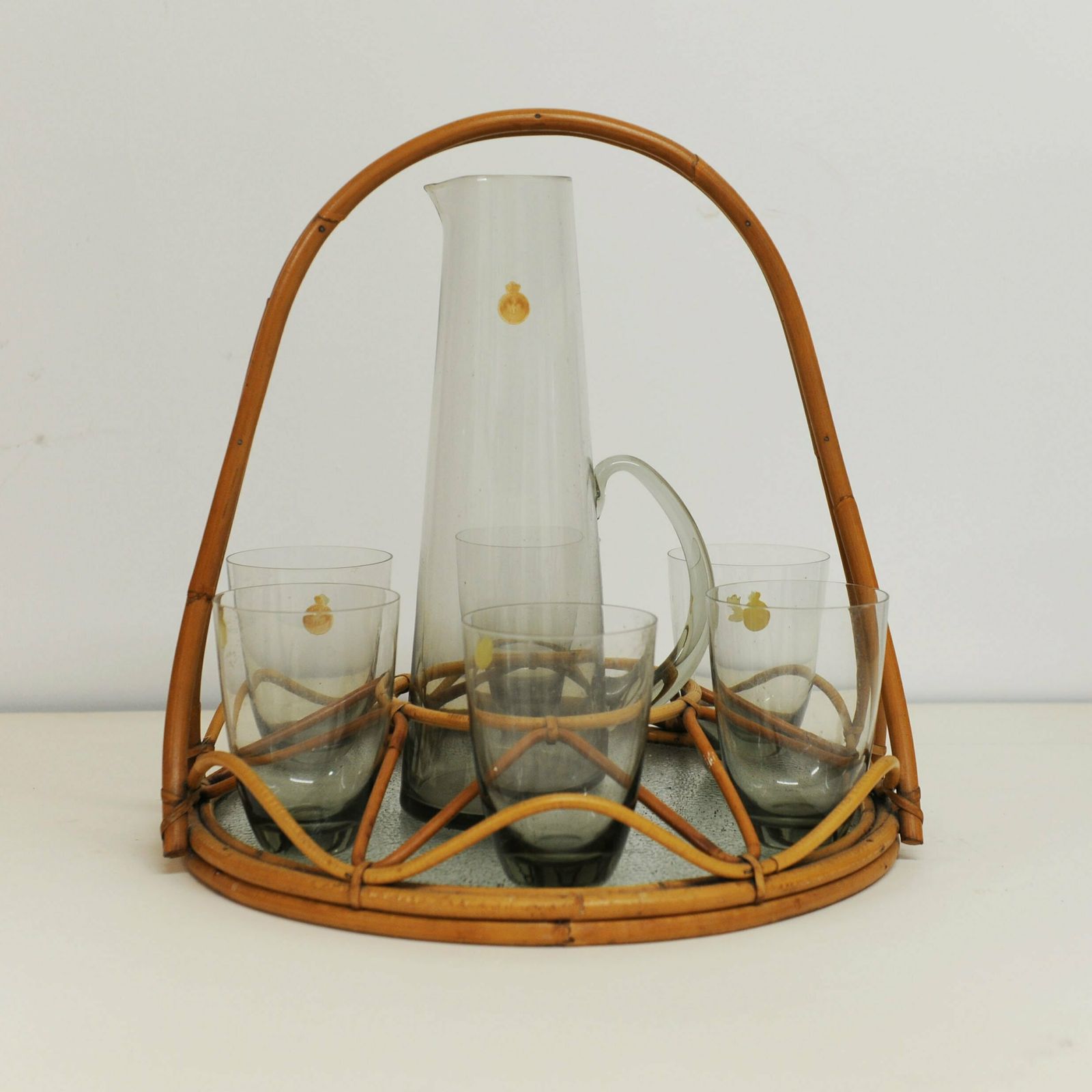 Smoke Grey Martini Glass Pitcher And Six Glass Cups By Per Lütken For Holmegaard, 1960s photo vintage
