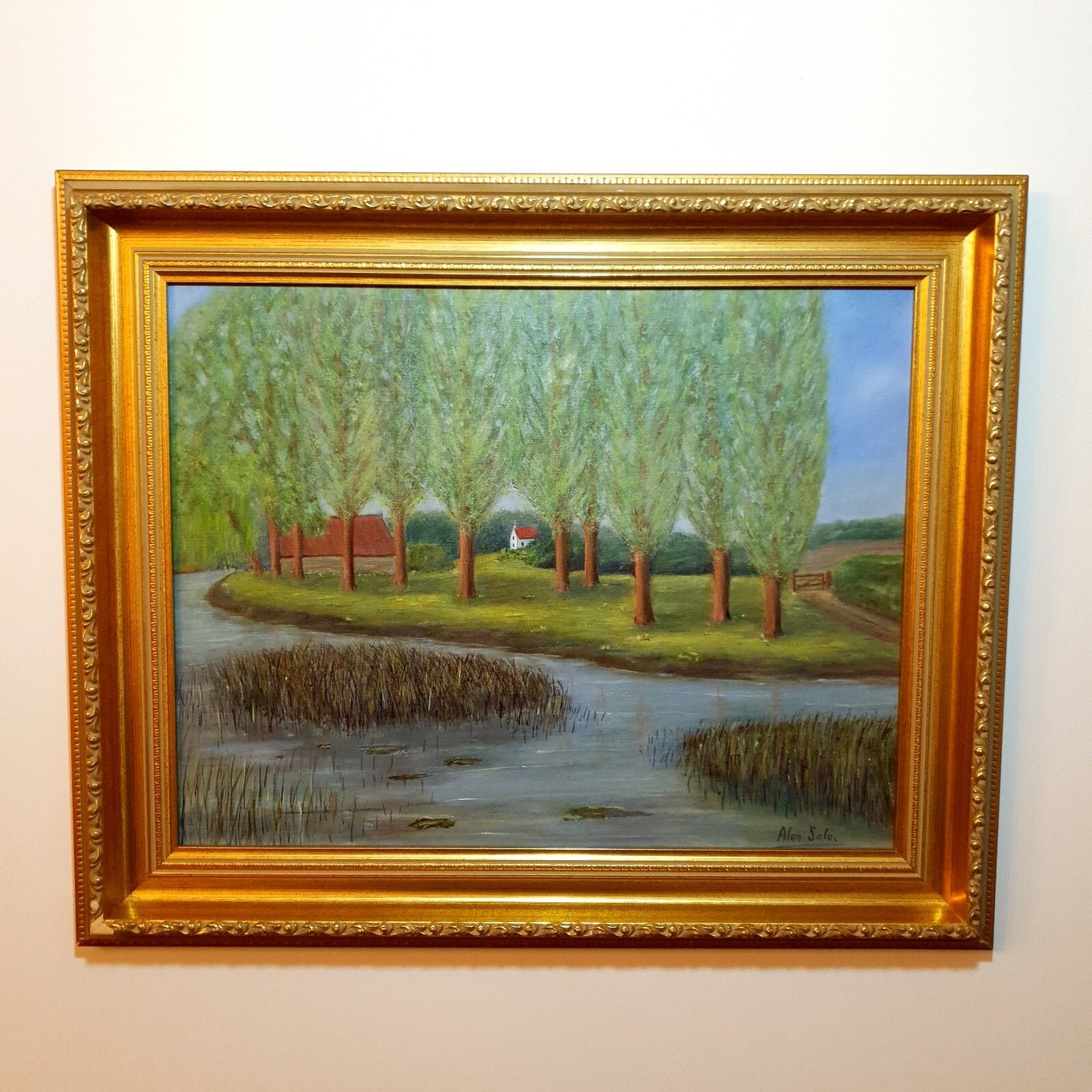 Original Oil Painting By Alan Sale By The River At Newton Blossomville, Framed