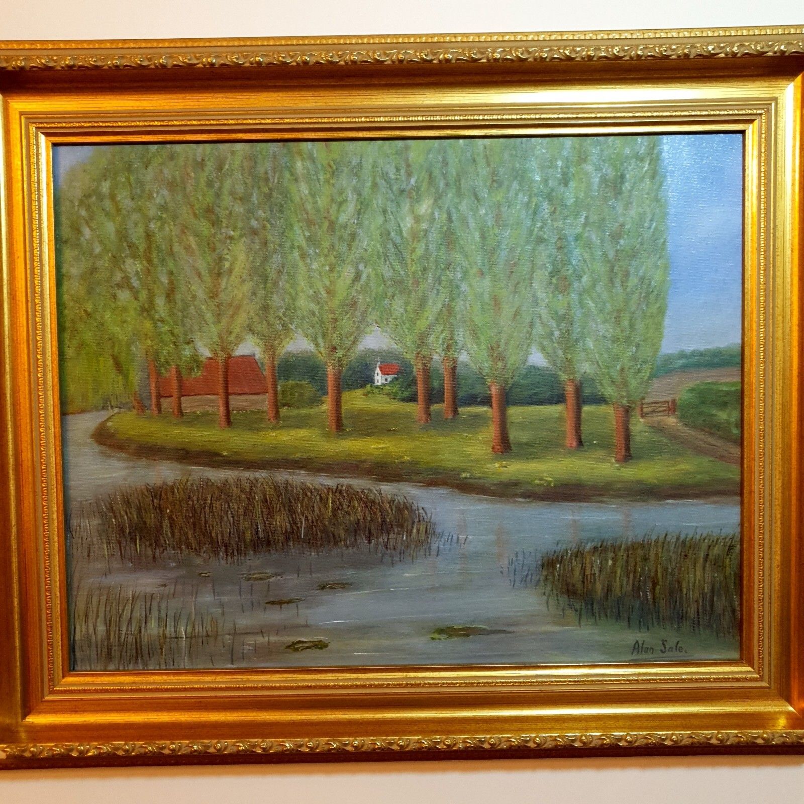 Original Oil Painting By Alan Sale By The River At Newton Blossomville, Framed photo for sale