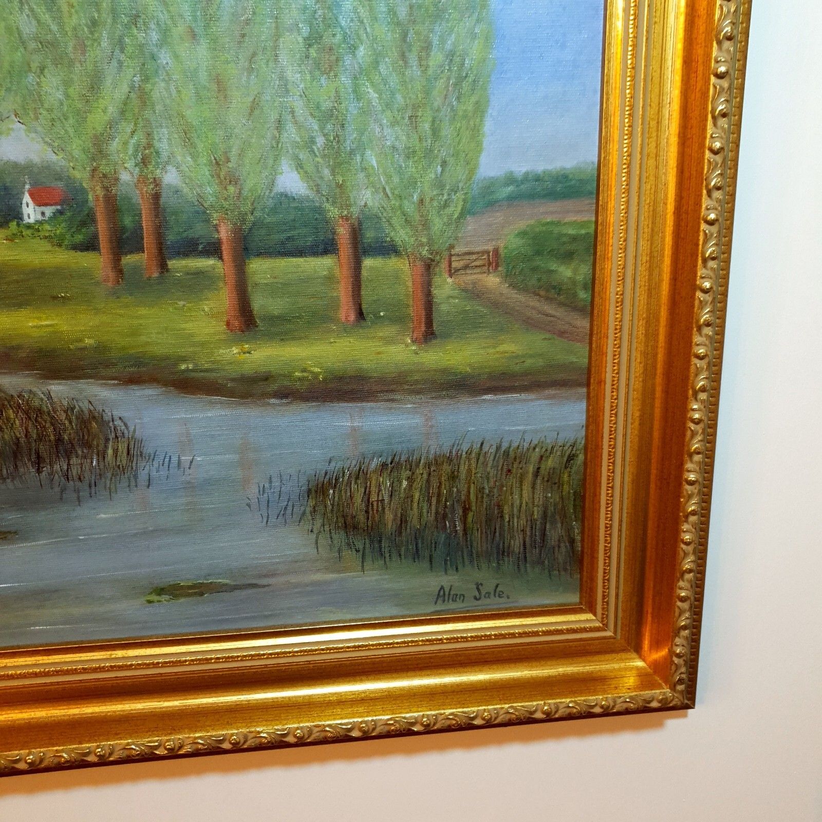 photo for sale Original Oil Painting By Alan Sale By The River At Newton Blossomville, Framed