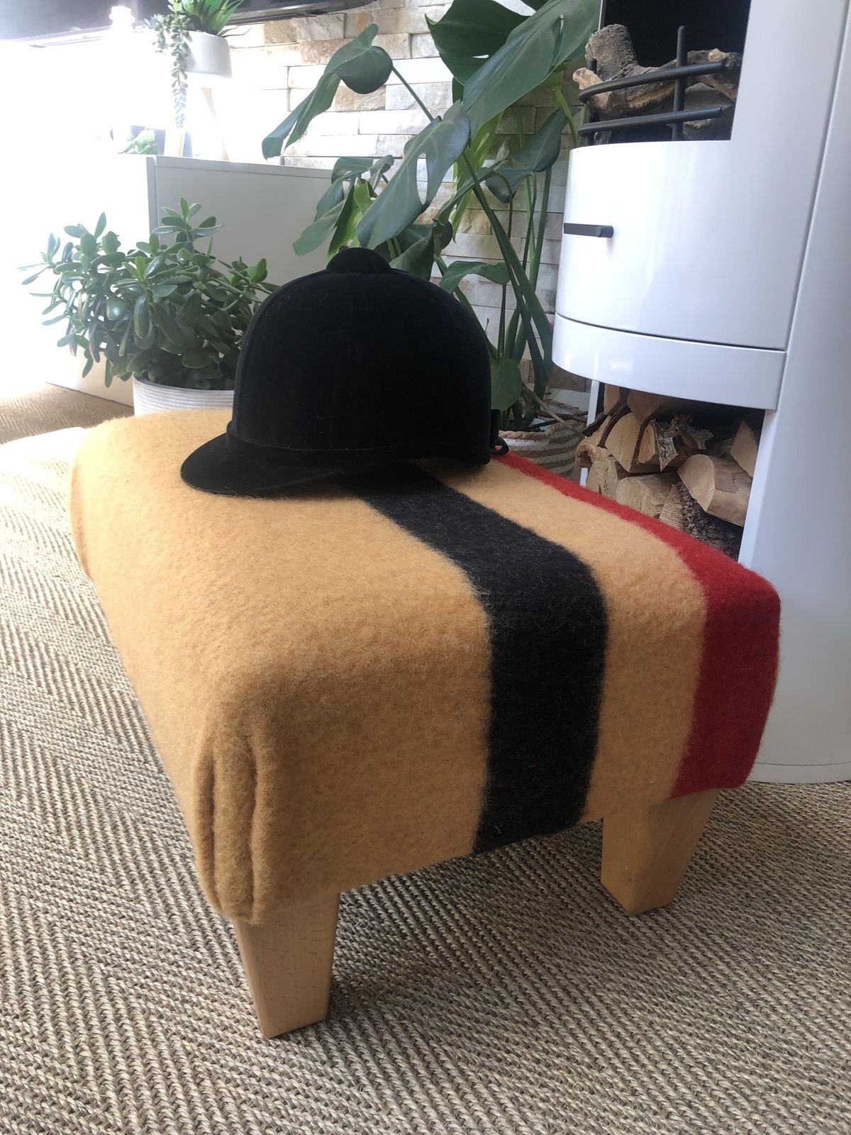 Beautifully Renovated Newmarket Wool Cheltenham Gold Stripe Footstool photo furniture