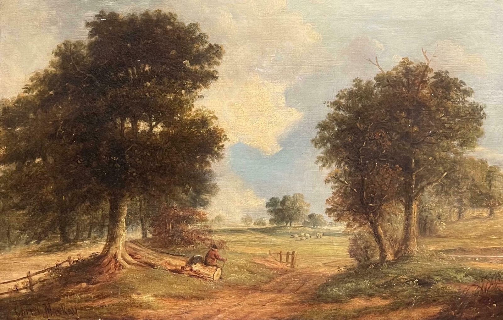 Antique English 19th Century English Oil Pastoral Landscape With Woodcutter And Cattle Grazing 19th Century