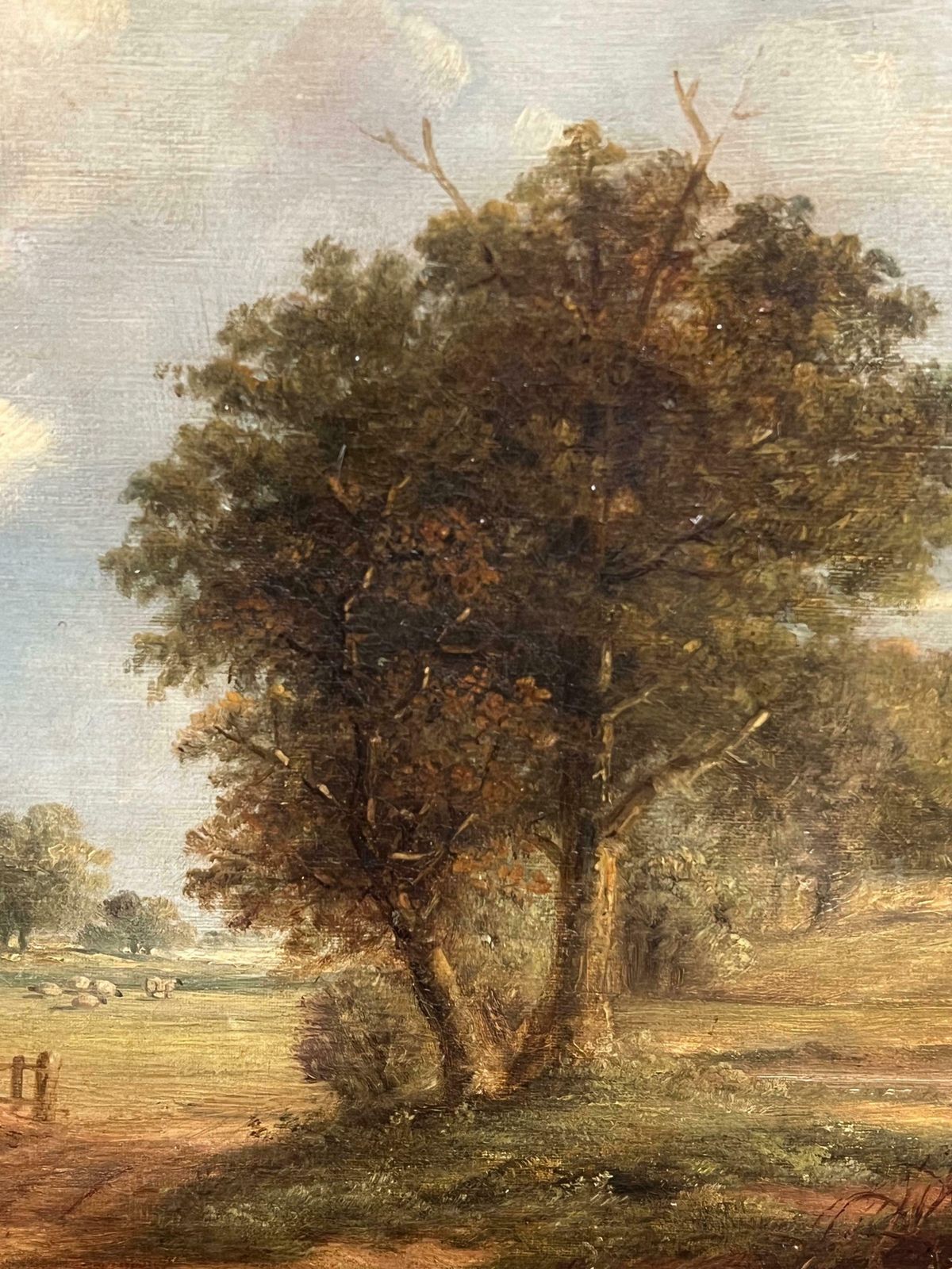 Antique English 19th Century English Oil Pastoral Landscape With Woodcutter And Cattle Grazing 19th Century photo for sale