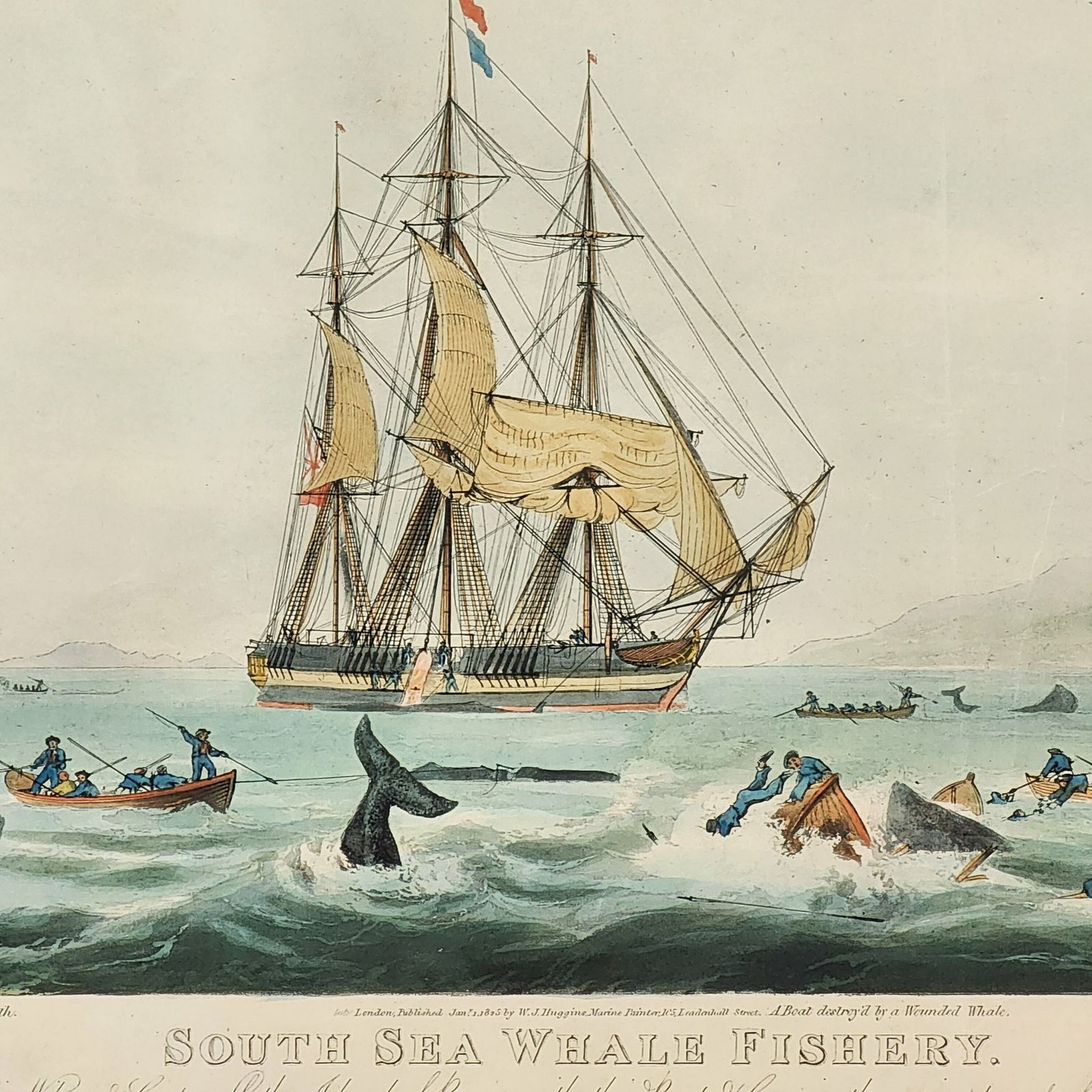 Framed Antique Aquatint South Sea Whale Fishery 19th C After William Huggins photo Art