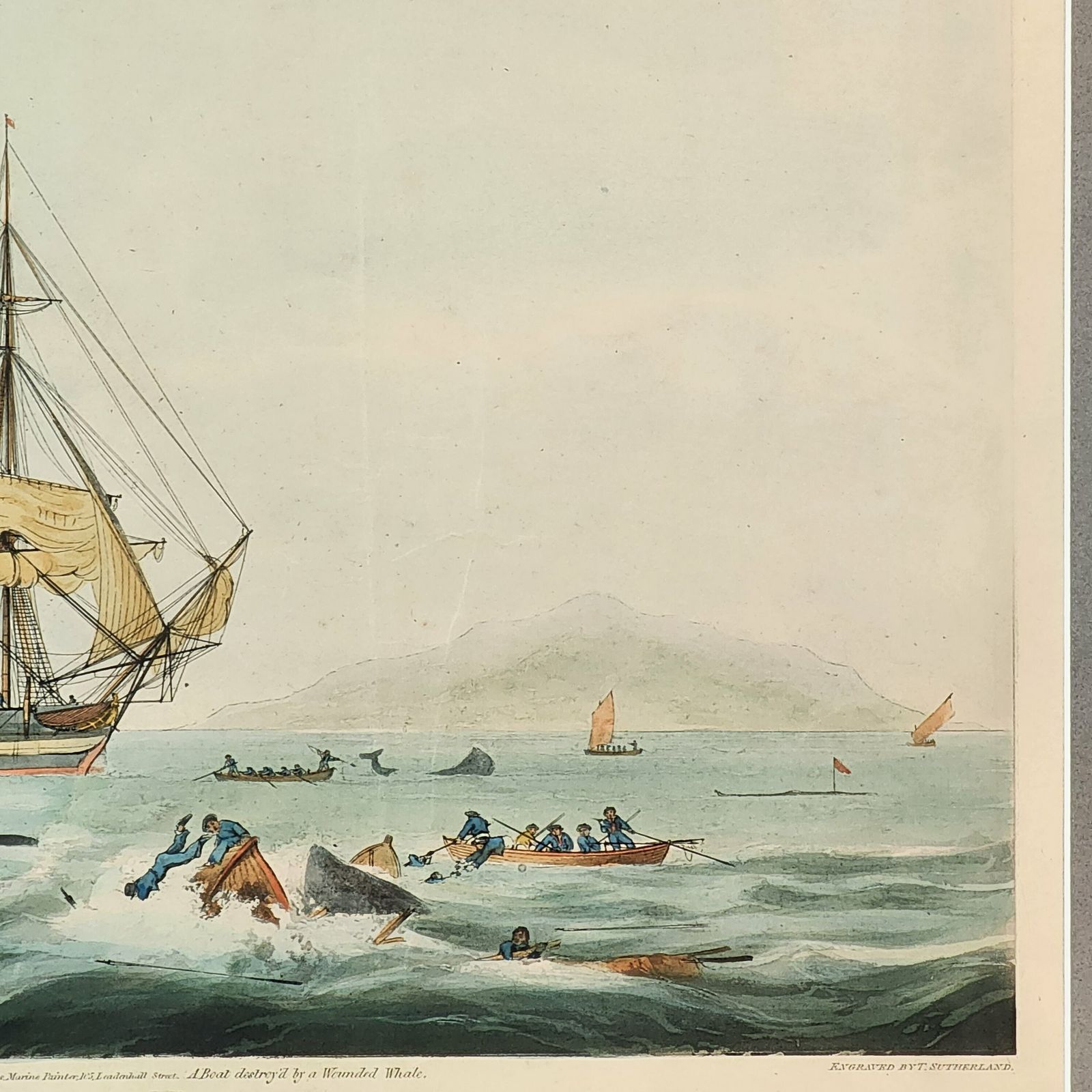 Framed Antique Aquatint South Sea Whale Fishery 19th C After William Huggins photo vinterior