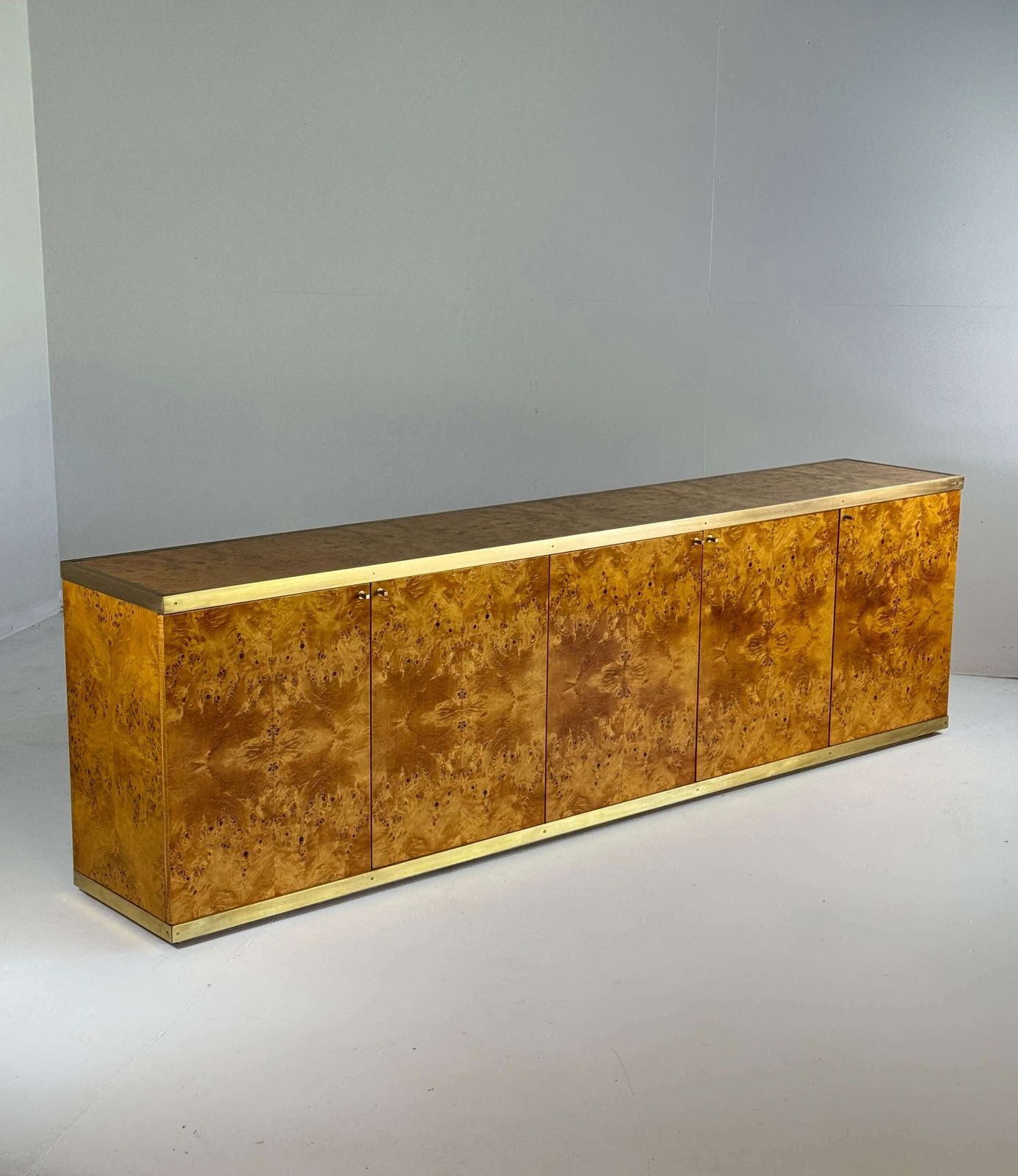 Lacquered Burlwood And Brass Credenza, 1970s