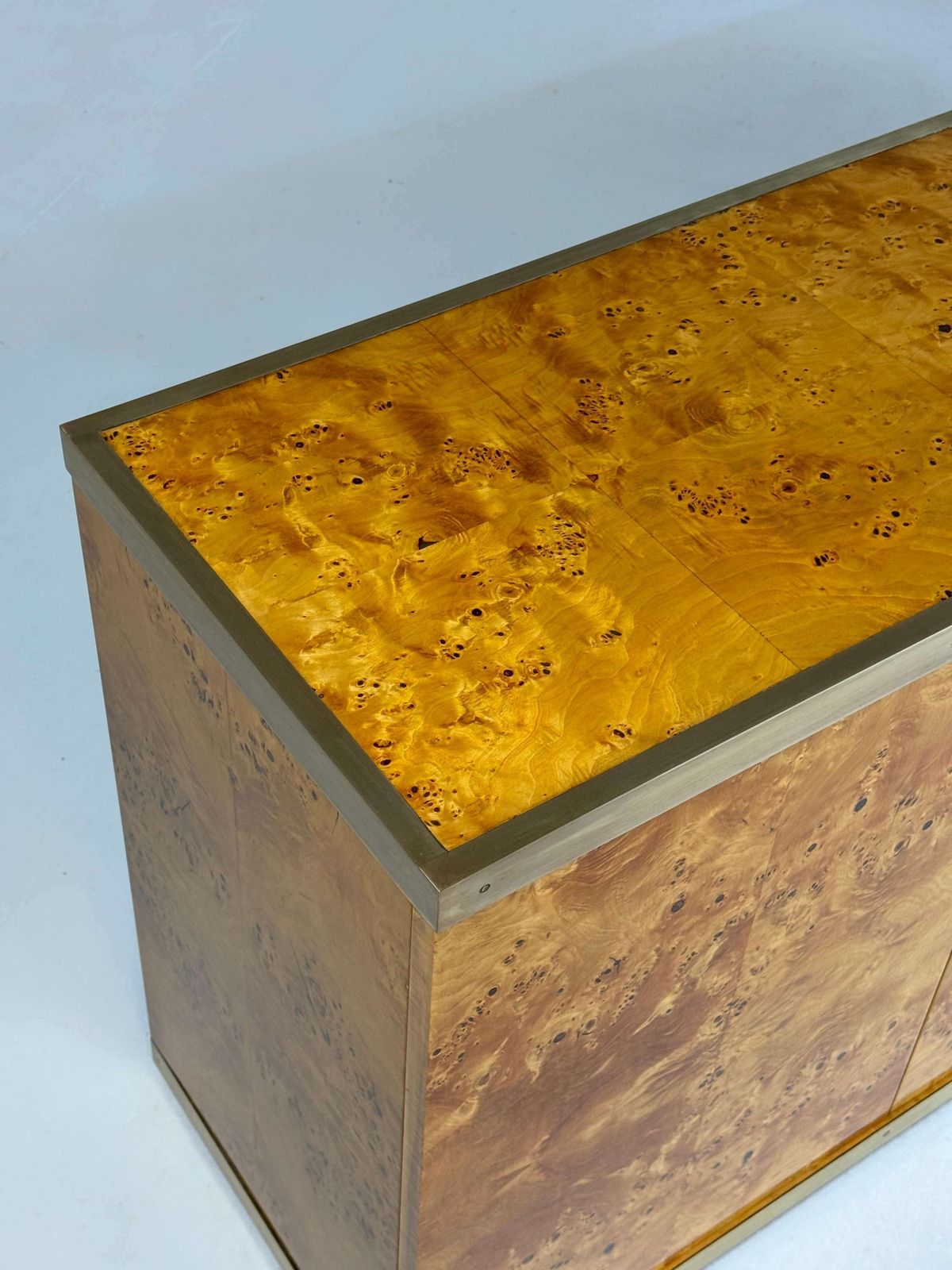 photo for sale Lacquered Burlwood And Brass Credenza, 1970s