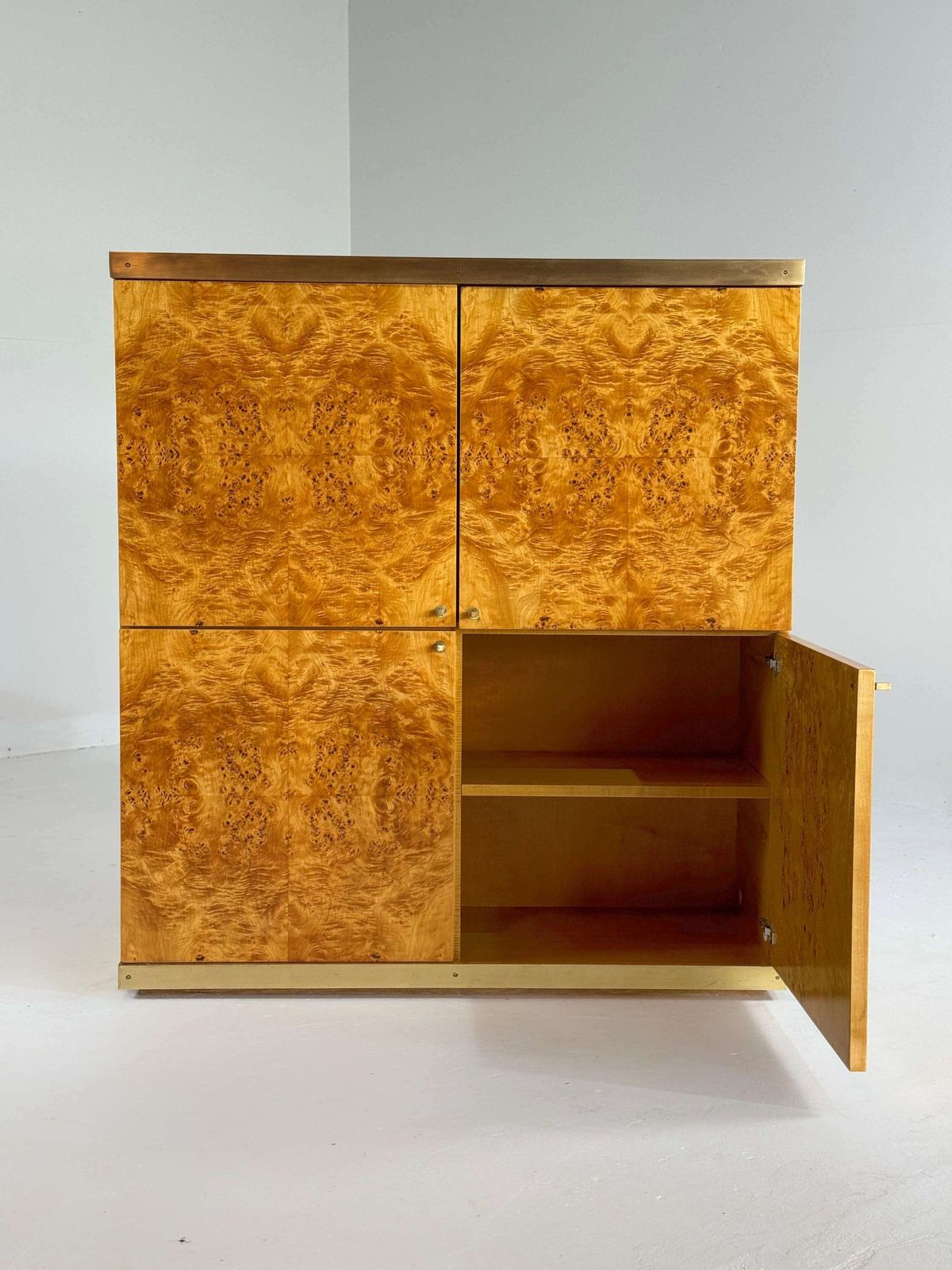 Furniture Exclusive Lacquered Burlwood And Brass Bar Cabinet, 1970s photo