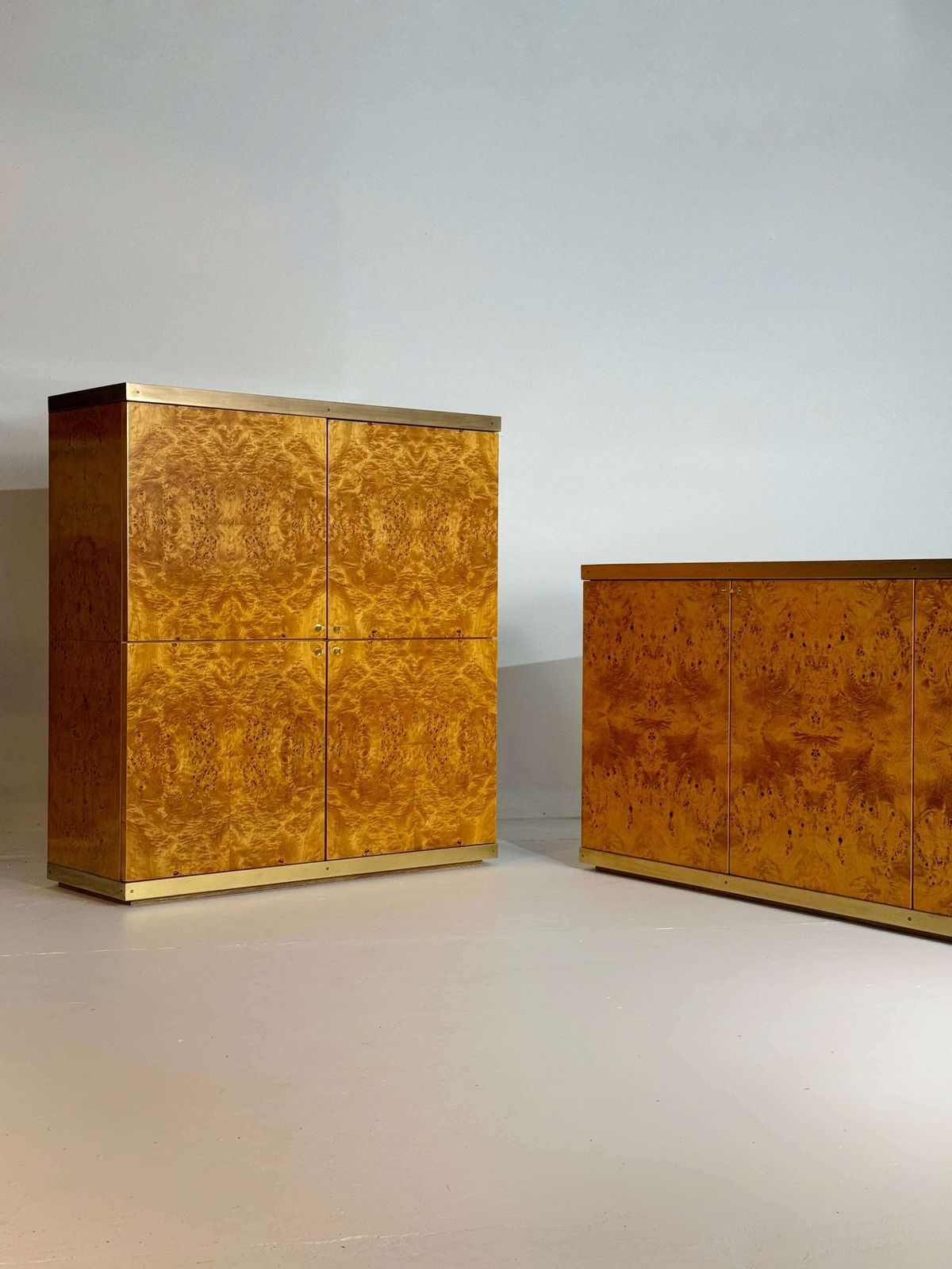photo buy Exclusive Lacquered Burlwood And Brass Bar Cabinet, 1970s