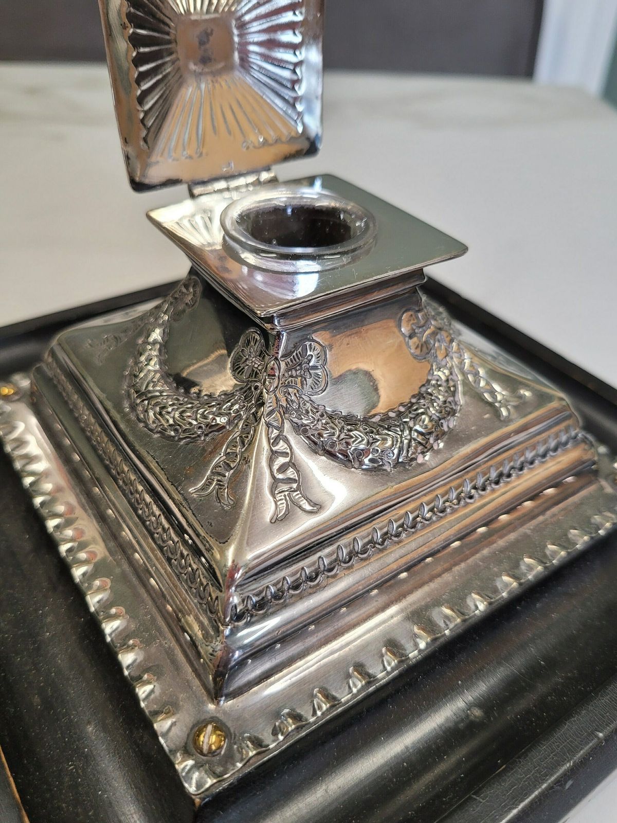 Antique Silver Plate And Wood Large Pyramid Inkwell photo furniture