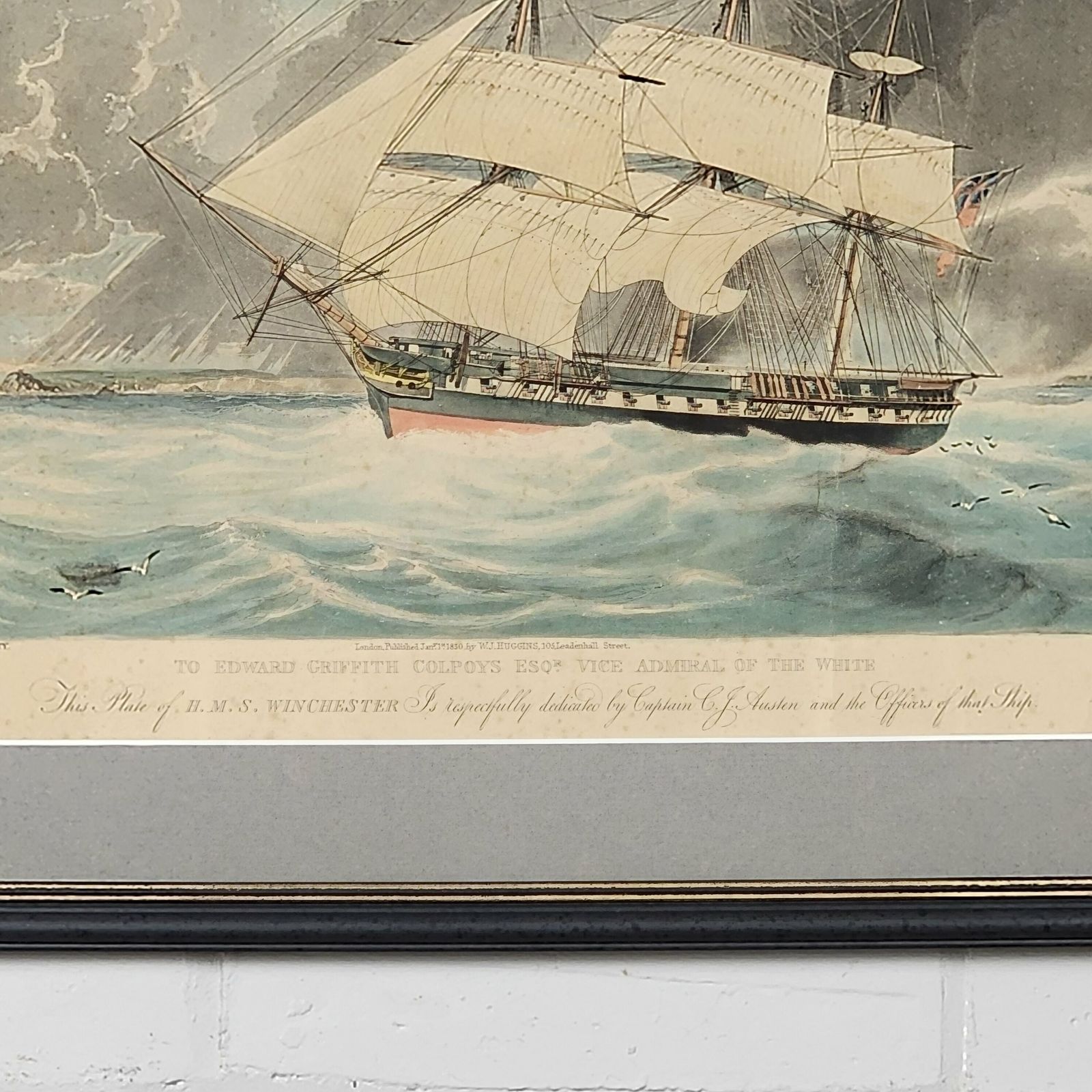Framed Antique Aquatint Hms Winchester 19th Century After William Huggins photo Art
