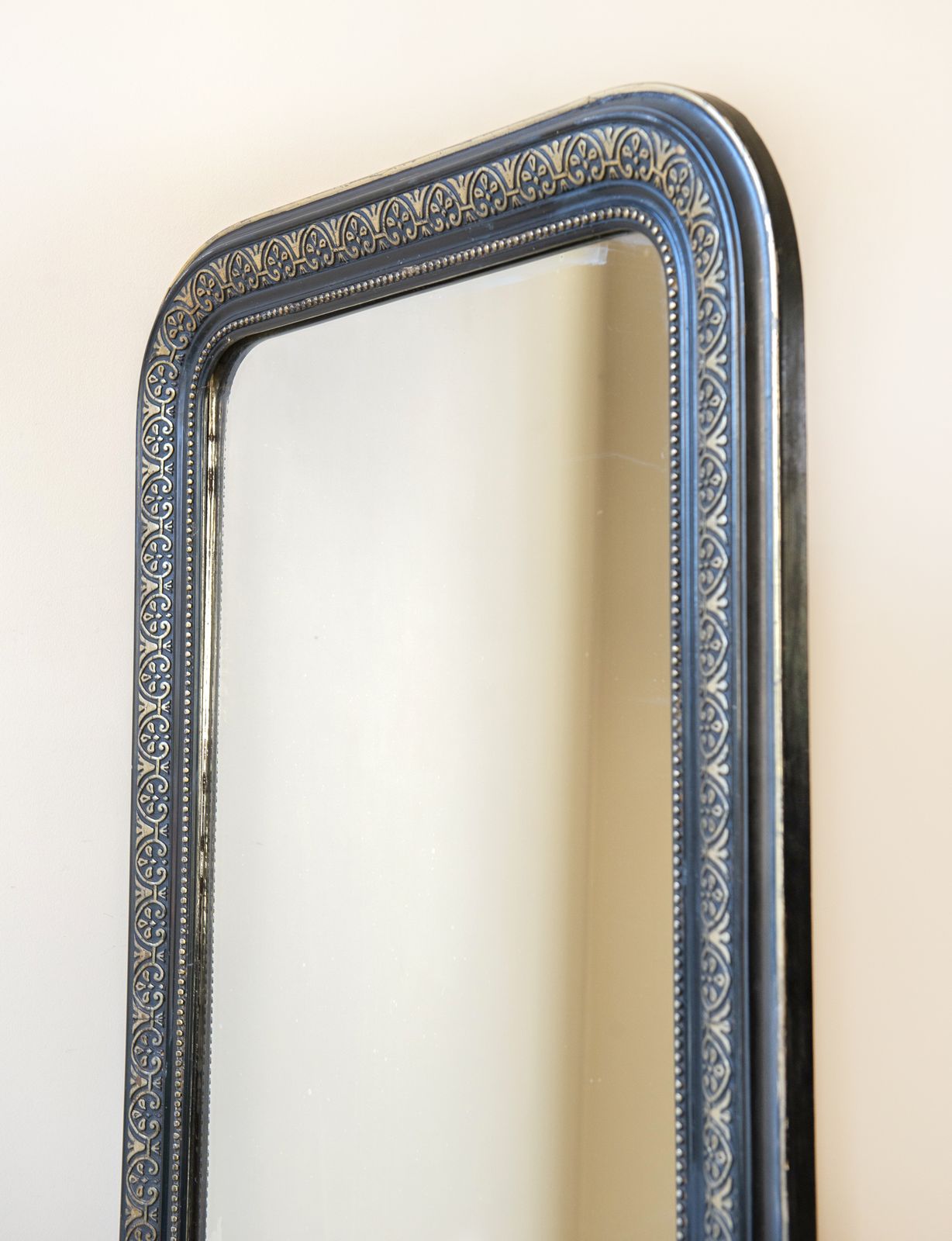 Extra Large Louis Philippe Arch Mirror, 19th Century Mantle Mirror, French Arch Floor Mirror, Carved Black And Gold Frame photo for sale
