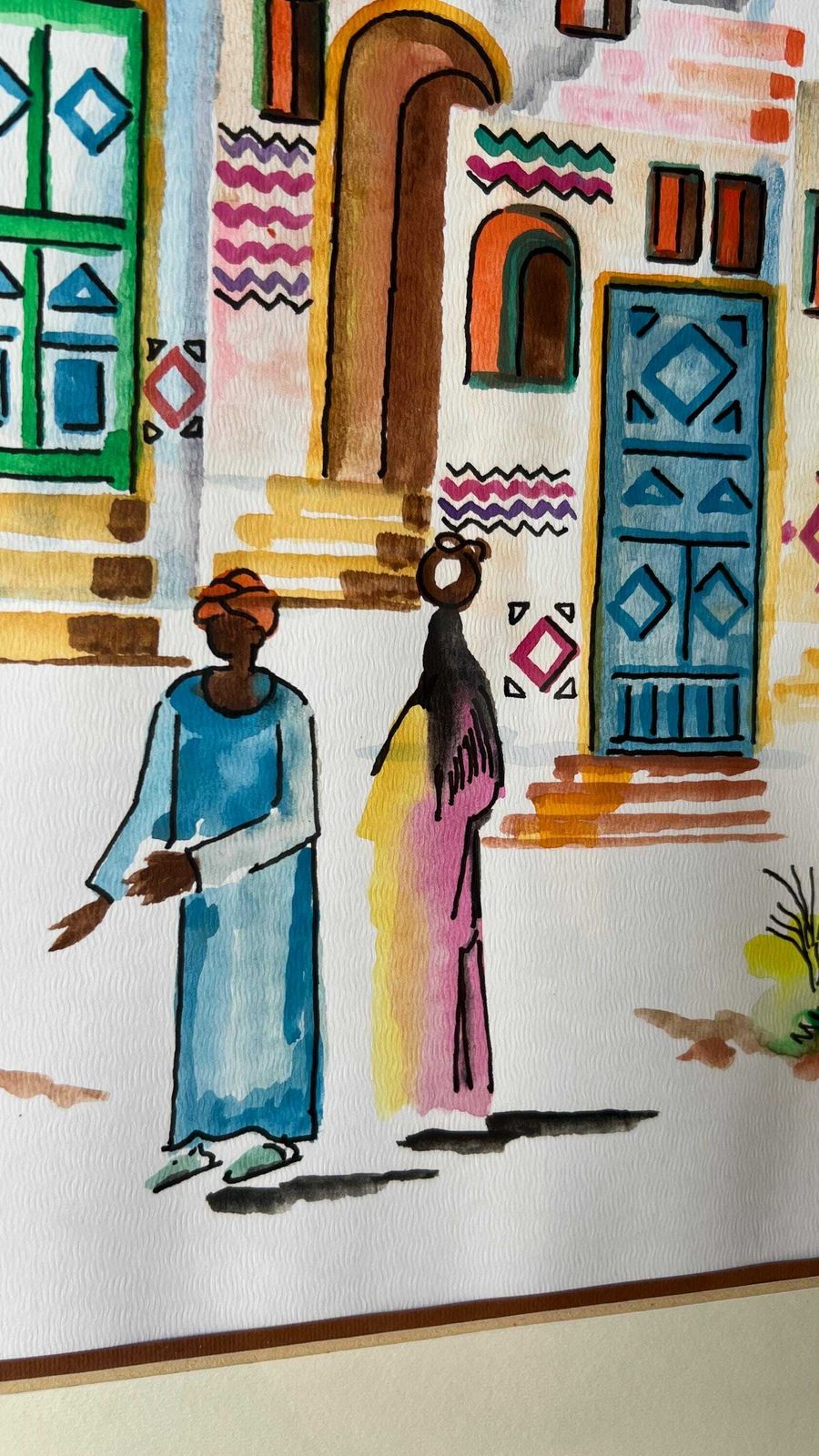 Large Original Mid Century Watercolour Painting Depicting Middle Eastern Village Scene photo vinterior