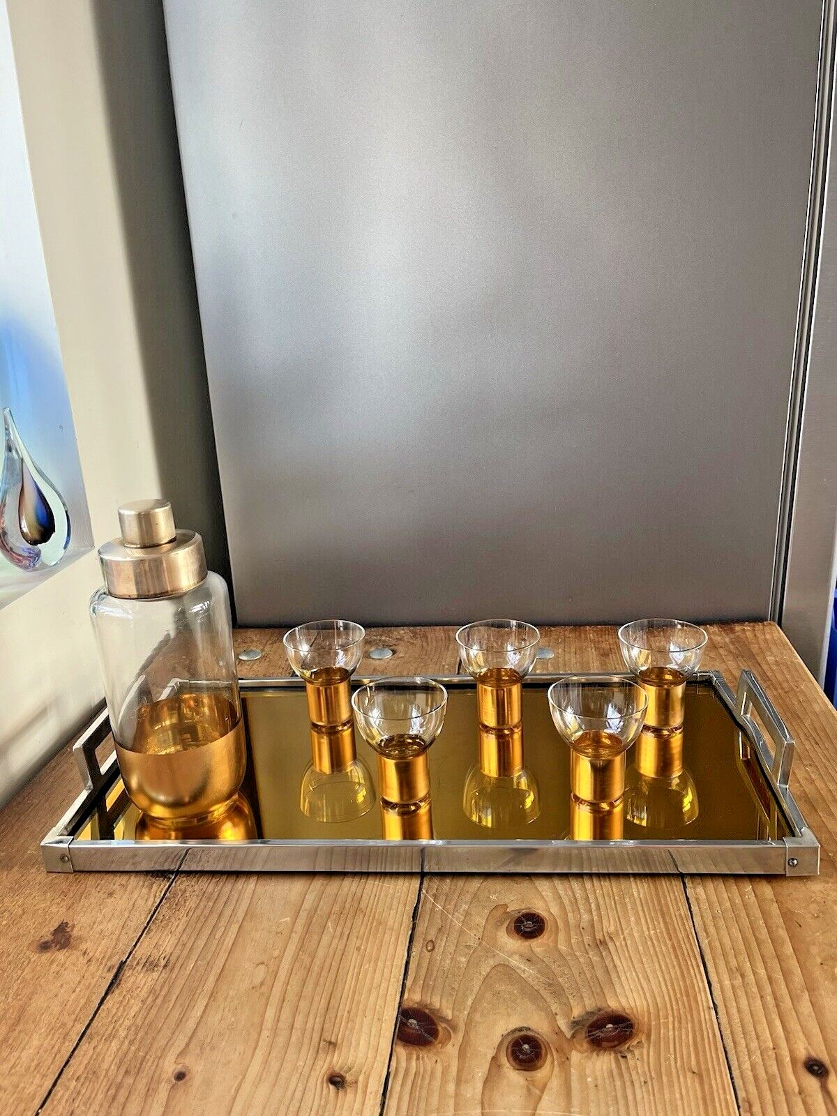 Antique Art Deco Gold Gilt Brass Cocktail Shaker Glasses & Servex Mirrored Tray photo buy