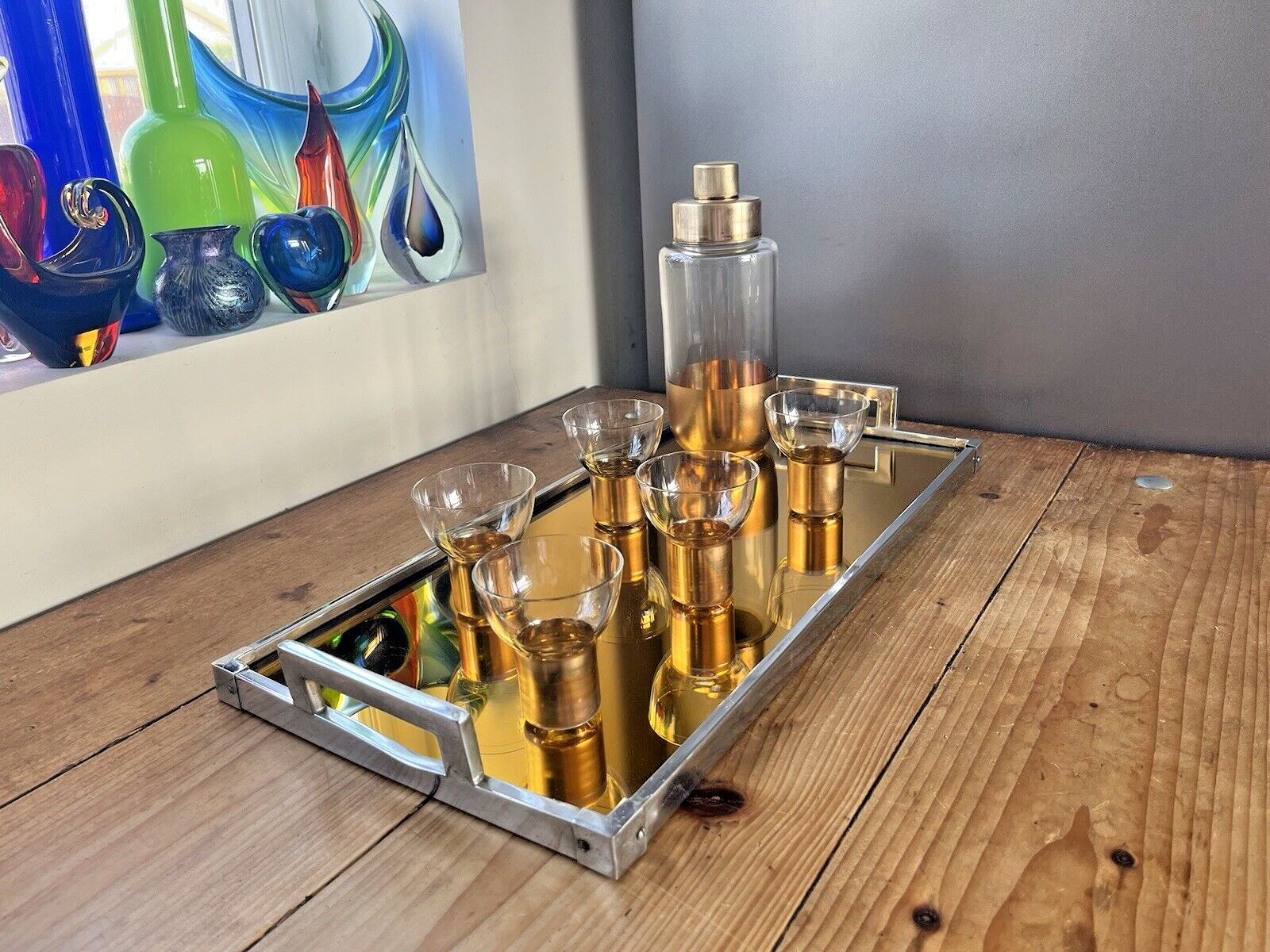 Antique Art Deco Gold Gilt Brass Cocktail Shaker Glasses & Servex Mirrored Tray photo vintage