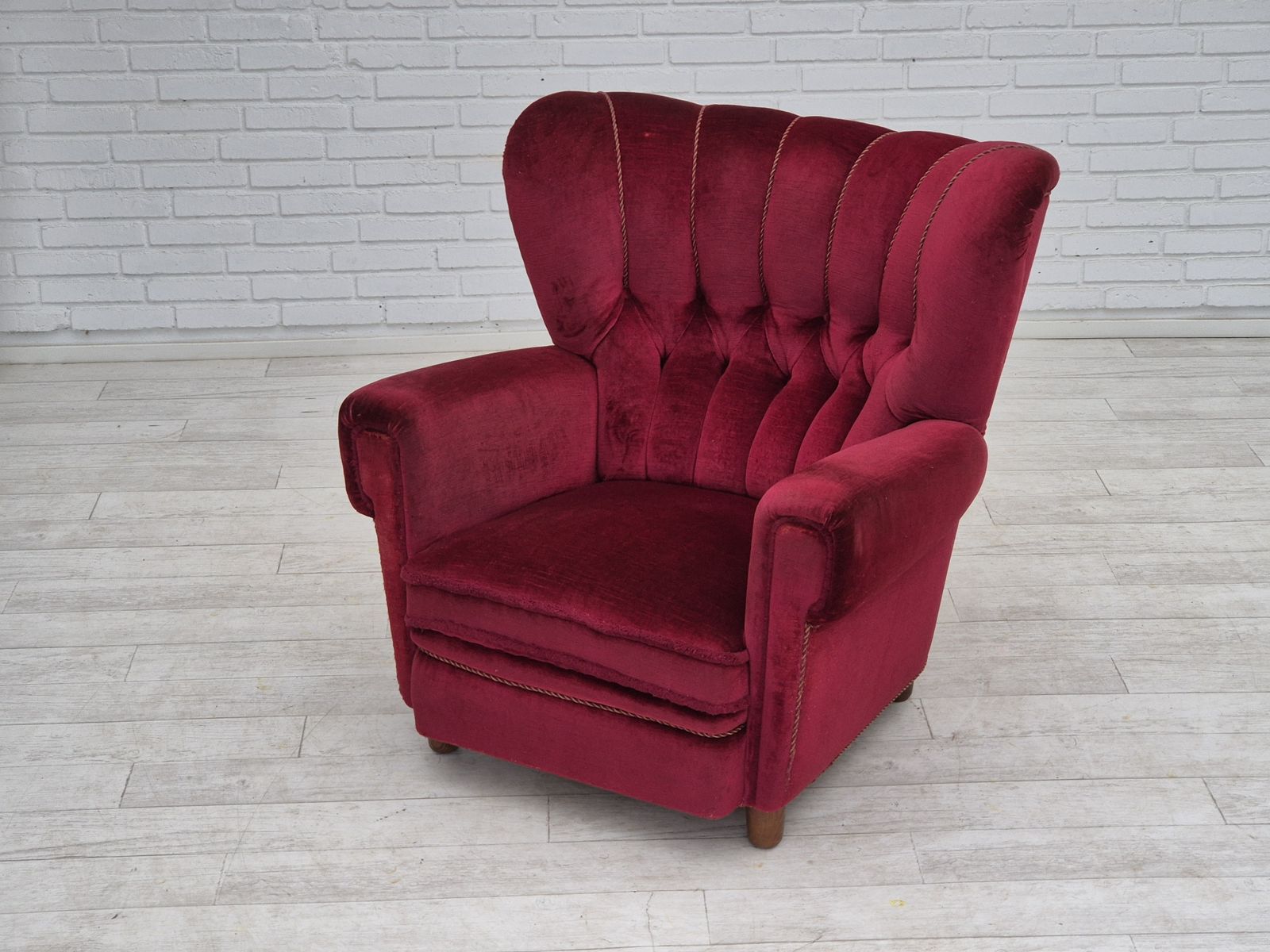 1960s, Danish Relax Armchair, Original Condition, Red Furniture Velour. photo vinterior