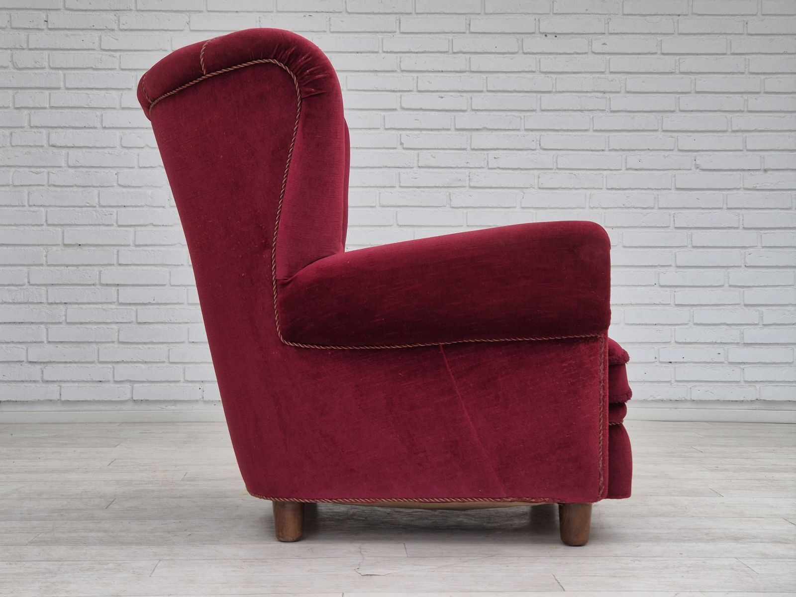 1960s, Danish Relax Armchair, Original Condition, Red Furniture Velour. photo vintage