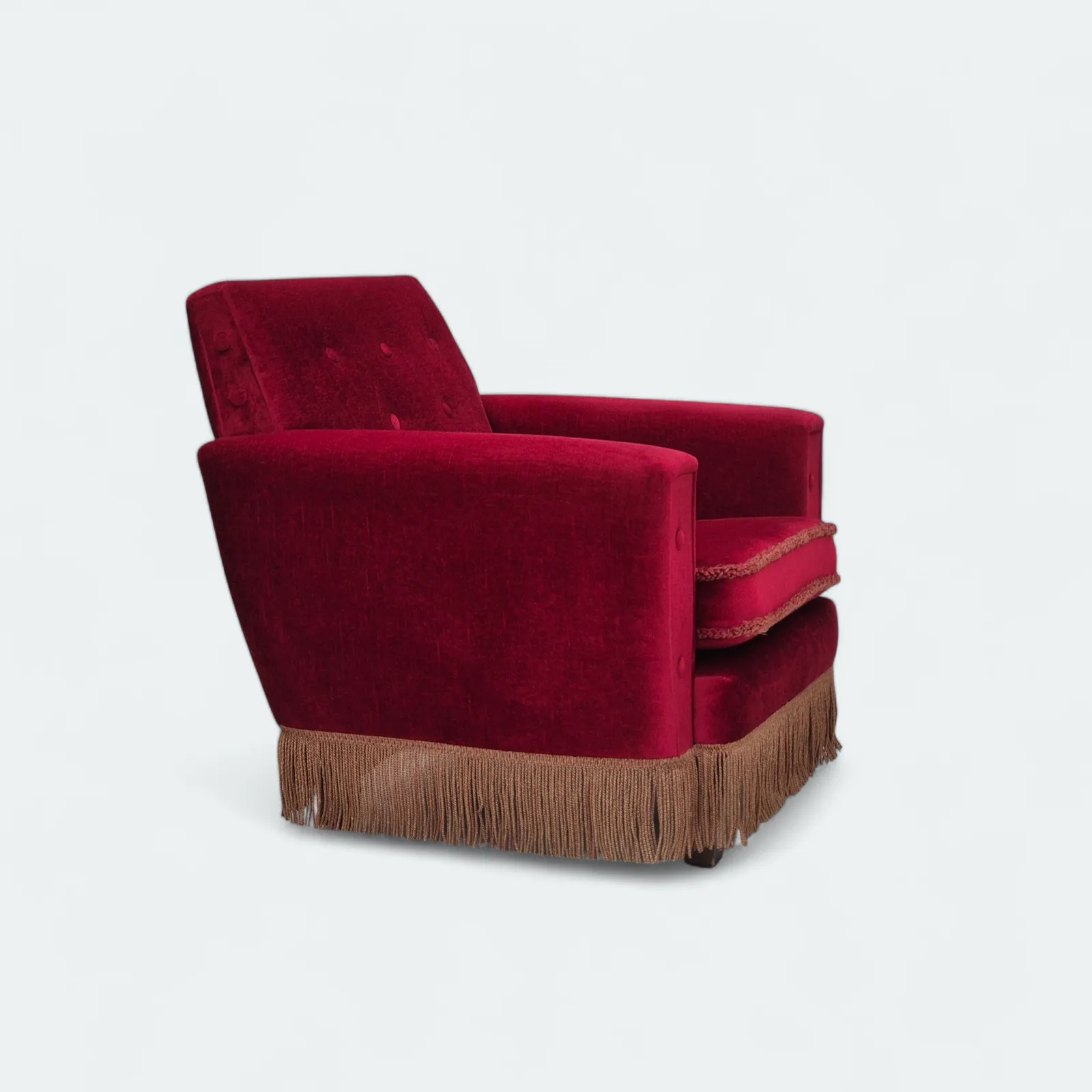 1970s, Danish Lounge Chair, Original Condition, Cherry Red Velour Fabric.