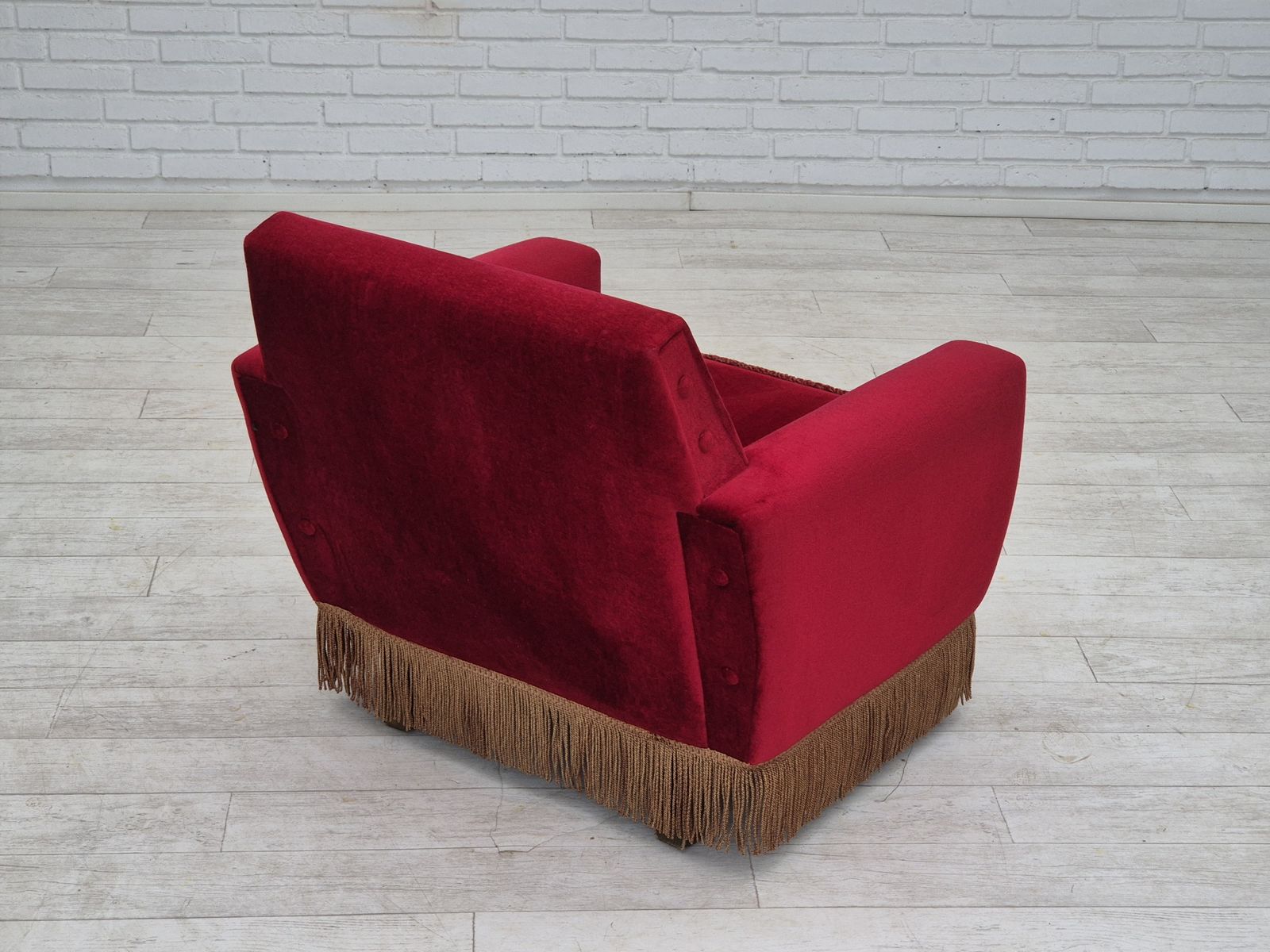 1970s, Danish Lounge Chair, Original Condition, Cherry Red Velour Fabric. photo for sale