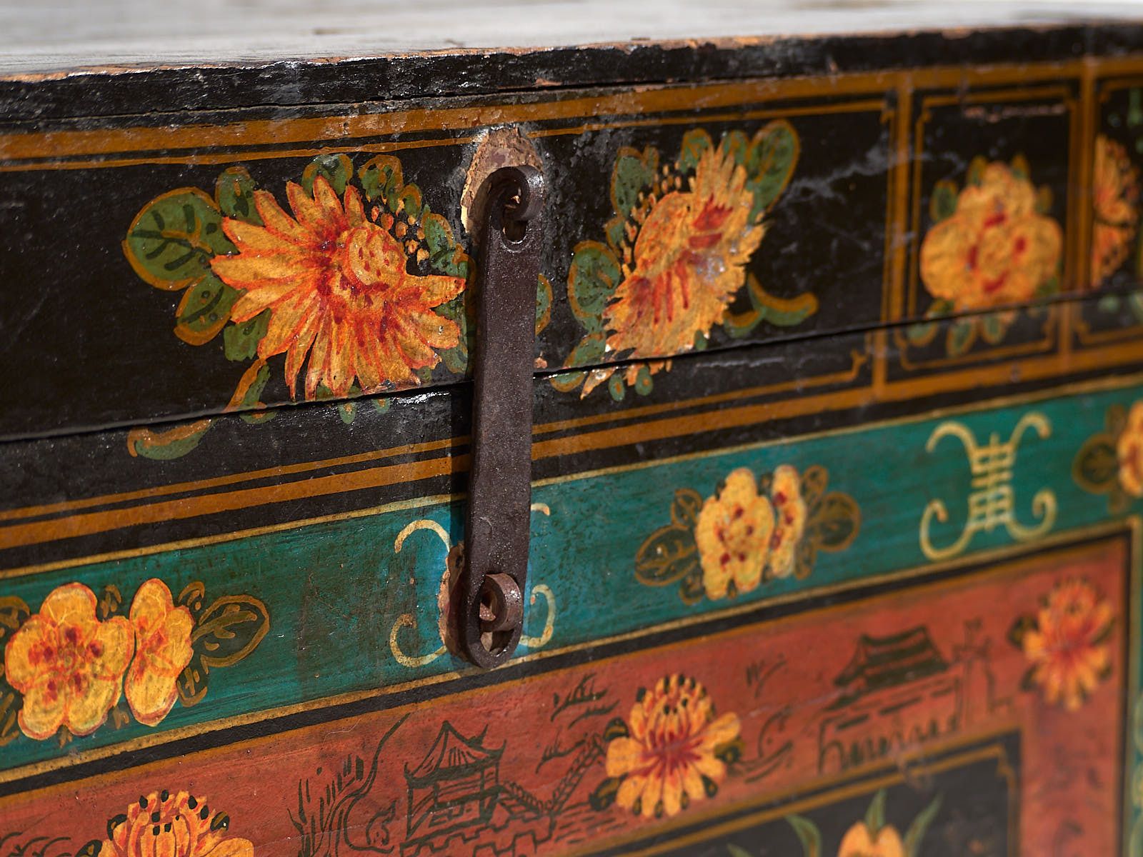 Antique Chinese Dark Colored Floral Patterned Trunk (C.1900) #2 photo Furniture