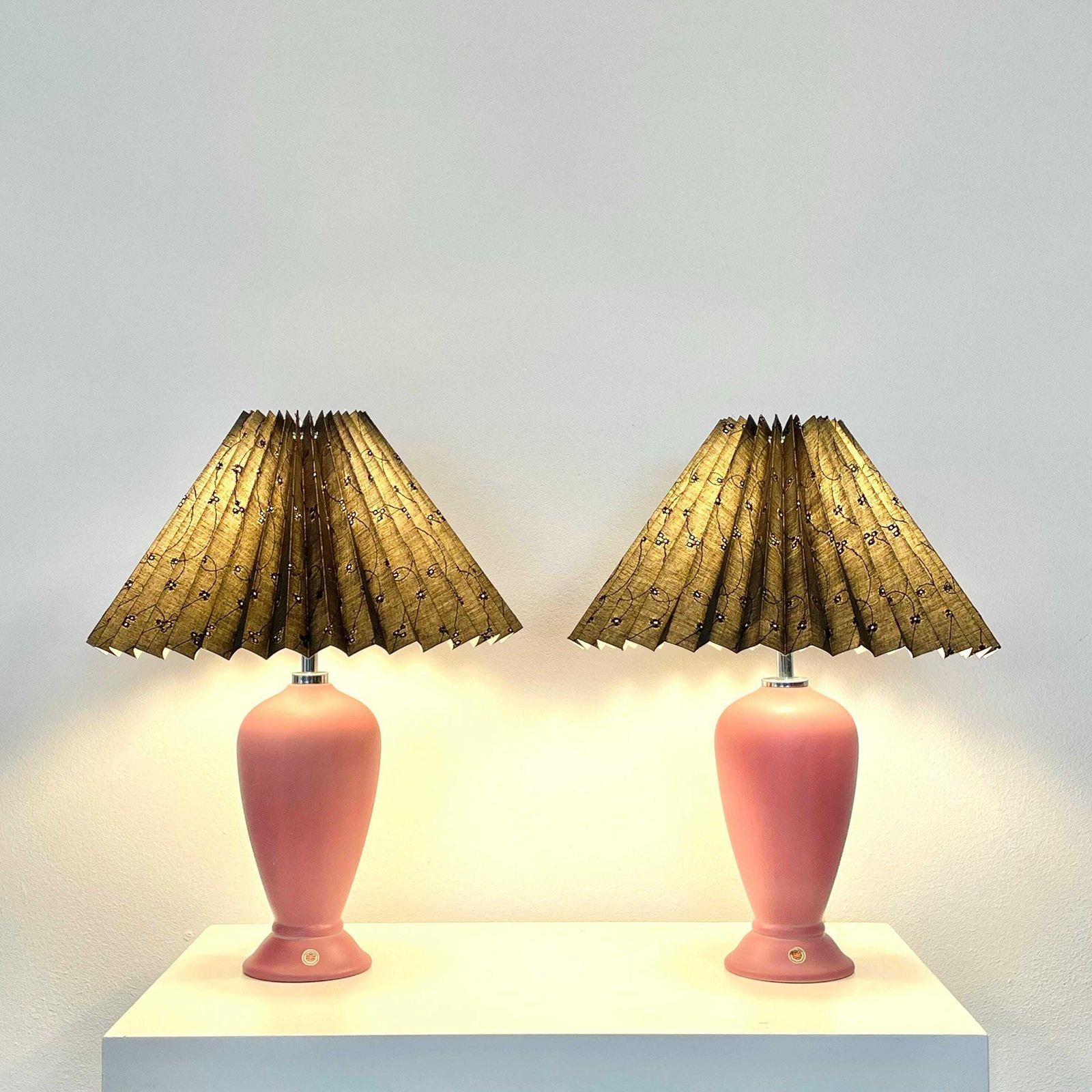 Vintage Pair Of 1980s Danish Ceramic Table Lamps In Rose Pink With Black Flower Patterned Pleated Shades   Design From Odreco