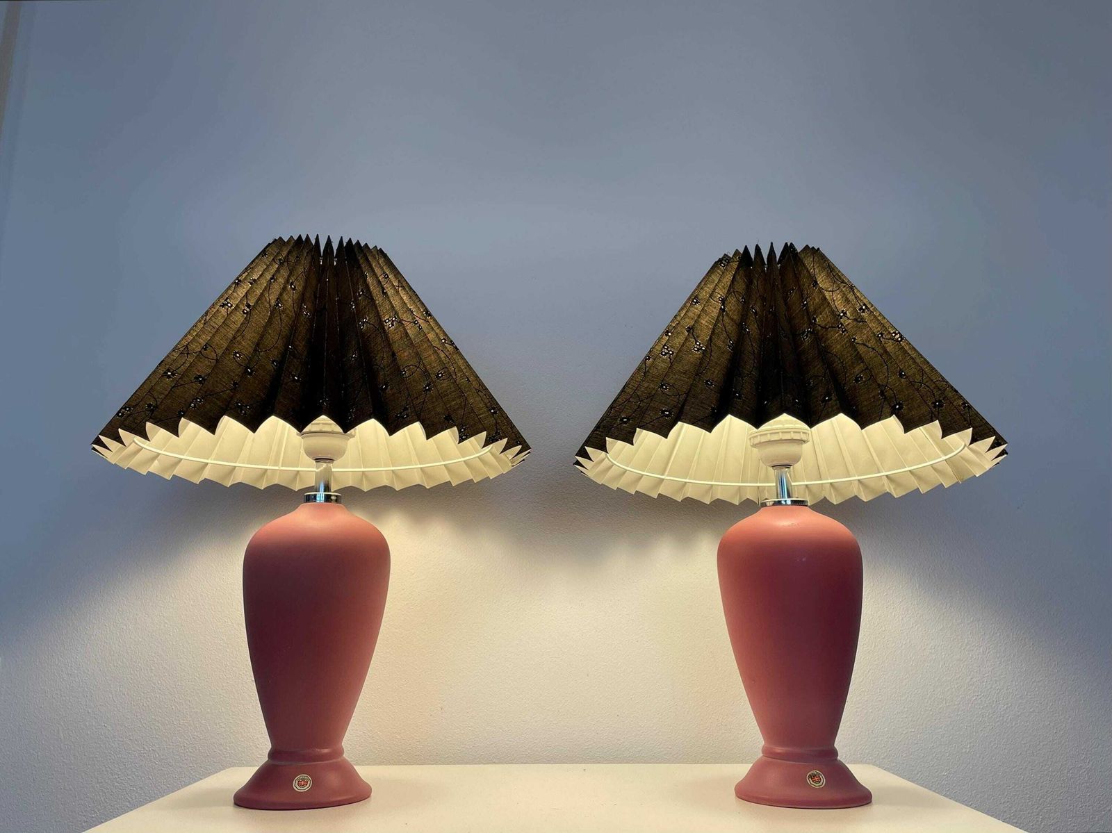Vintage Pair Of 1980s Danish Ceramic Table Lamps In Rose Pink With Black Flower Patterned Pleated Shades   Design From Odreco photo for sale