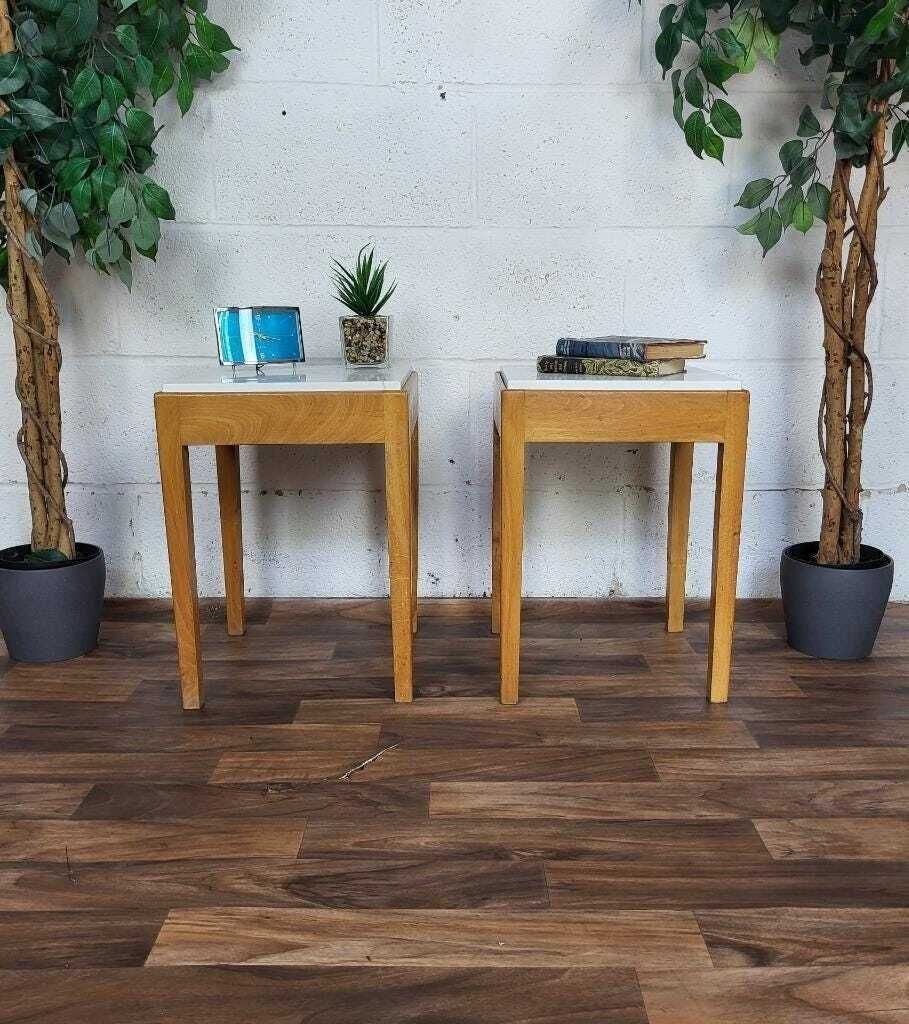 Pair Of Vintage Mid Century Bespoke Oak Bedside Tables With White & Gold Quartz photo furniture