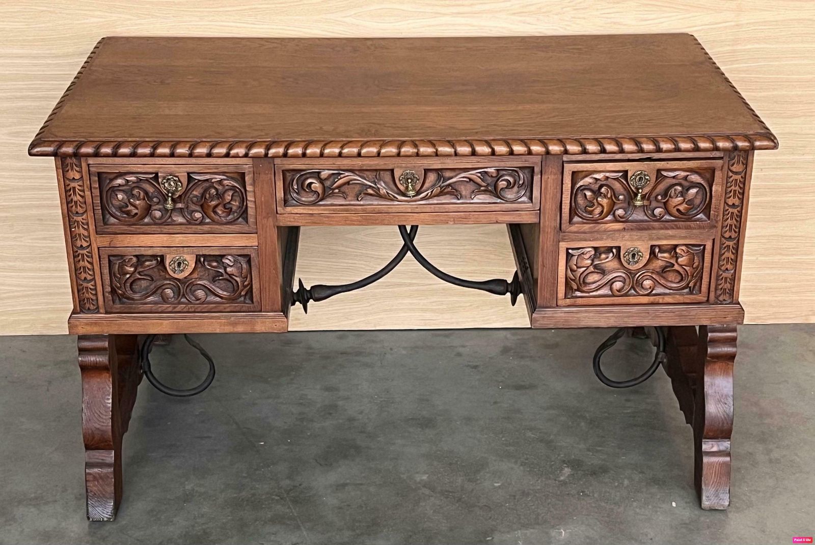 Table de bibliothèque ou bureau baroque espagnol à deux faces en chêne, XIXe siècle photo furniture