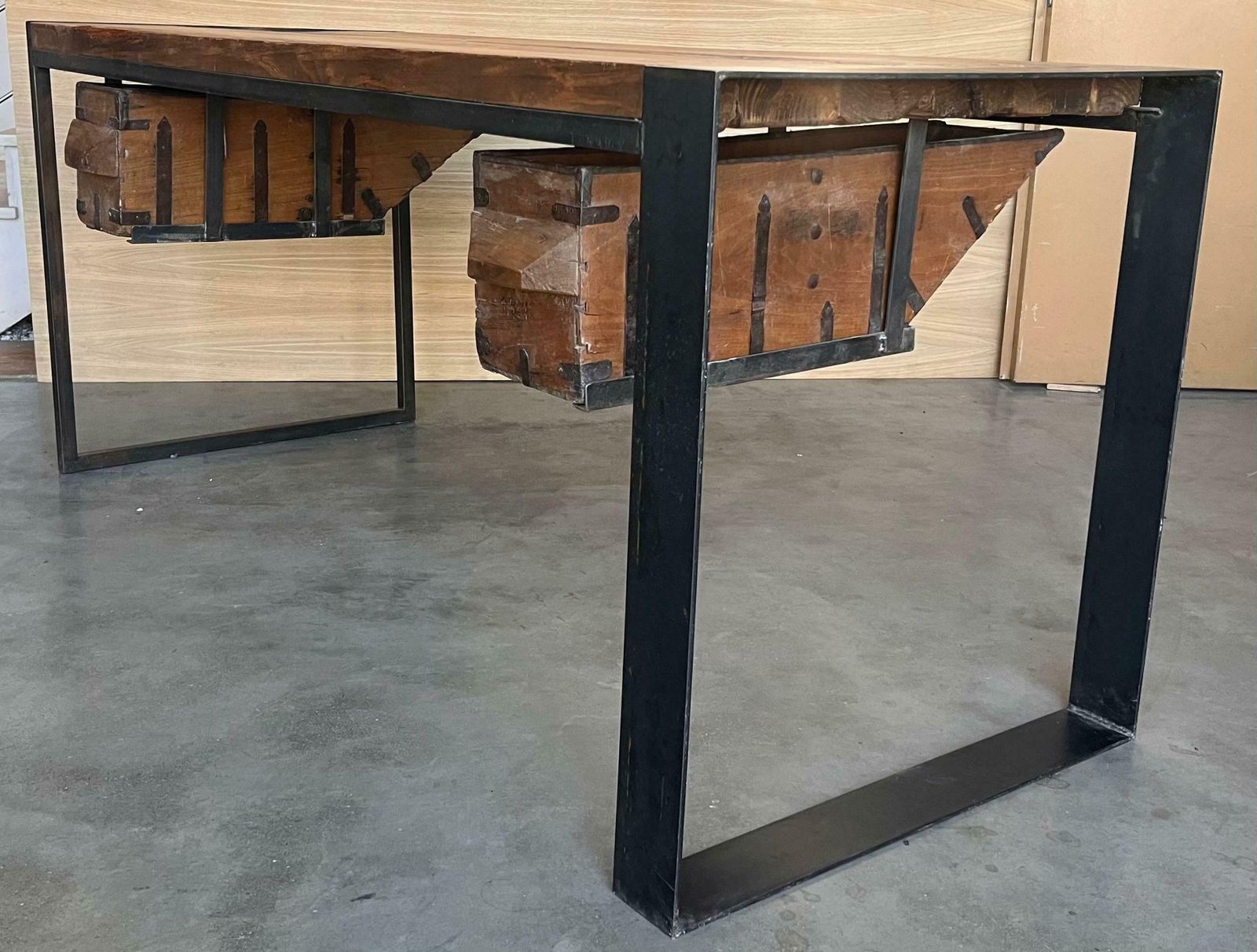 6879.0 Antique Oak Kitchen Island, Butcher Block, Industrial Work Table Cast Iron photo