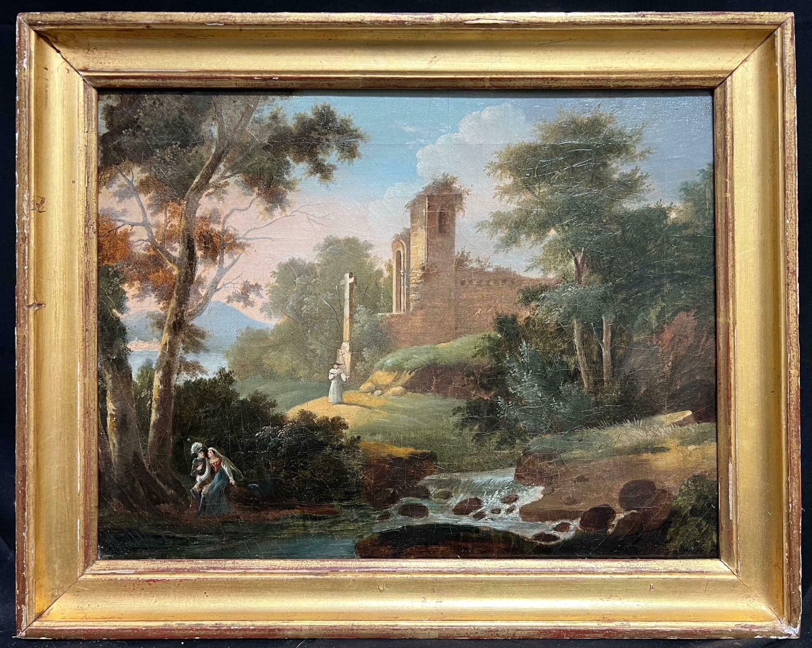 French Schoolfine 1800's French Oil  Figures By Monastic Ruins Stream Bucolic Landscape1800's