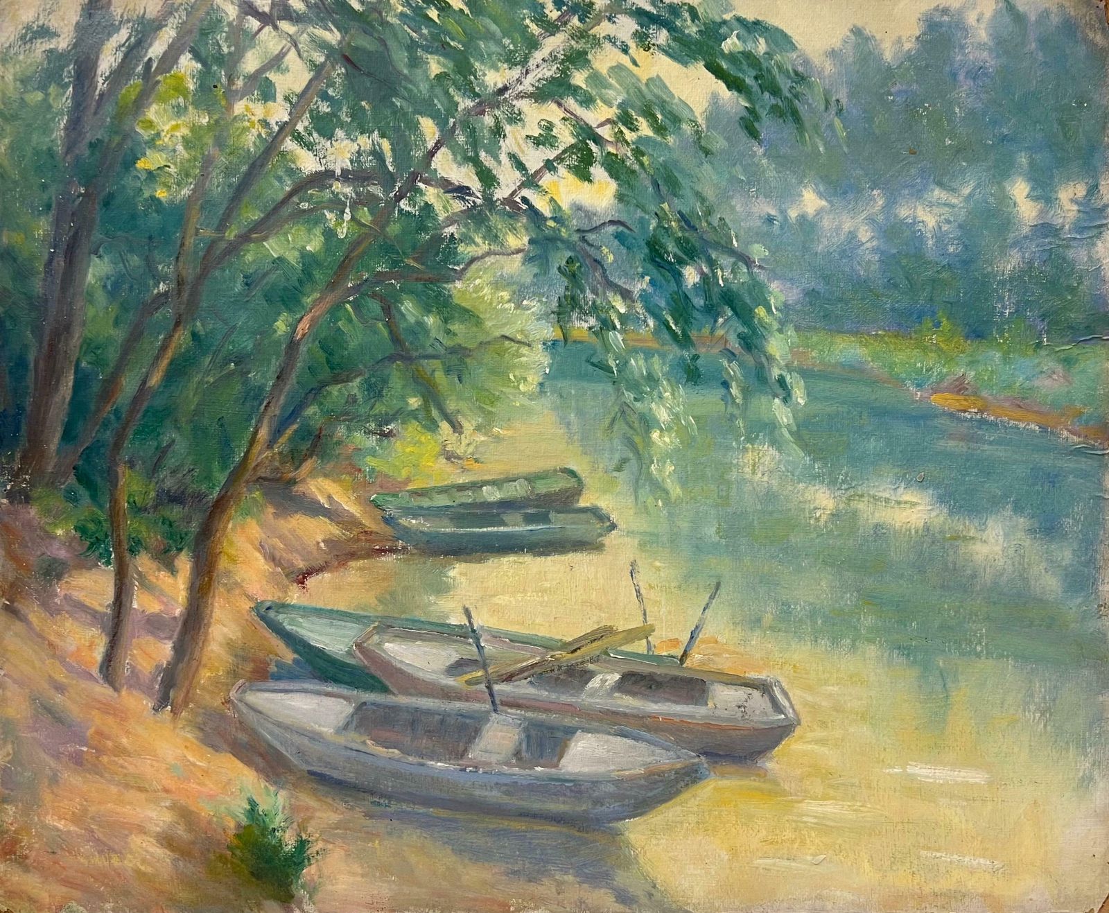 Regine Davidresting Rowboats By A Shaded Riverbank A Tranquil Waterway Scene With Lush Trees1950's