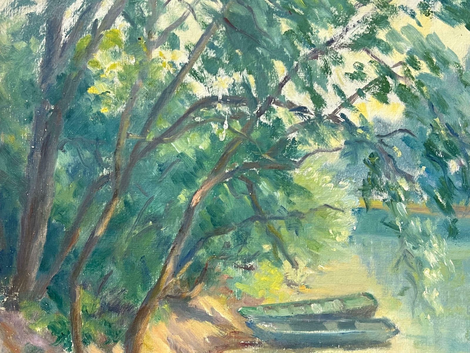 Regine Davidresting Rowboats By A Shaded Riverbank A Tranquil Waterway Scene With Lush Trees1950's photo Art
