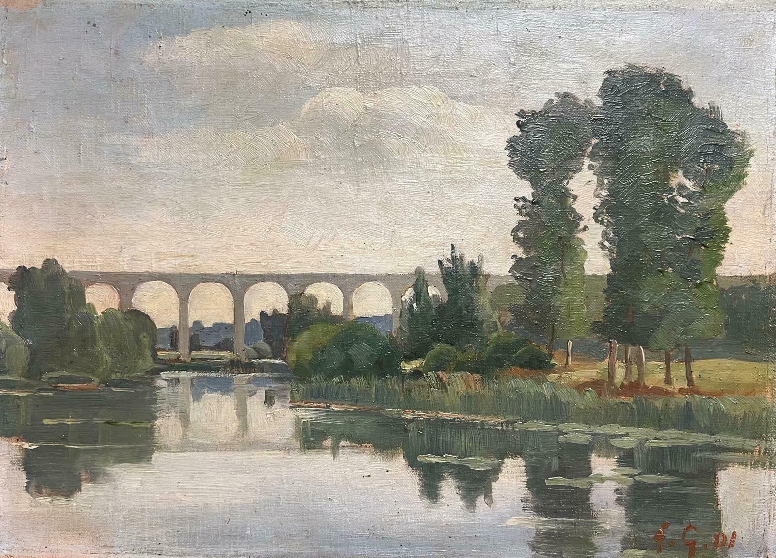 French Schoolantique French Impressionist 1901 Oil Moody River Reflections & Arched Bridge1901