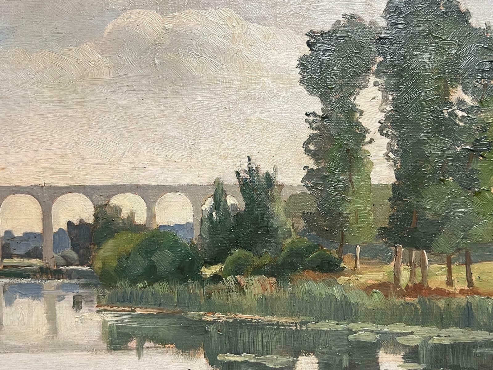 French Schoolantique French Impressionist 1901 Oil Moody River Reflections & Arched Bridge1901 photo for sale