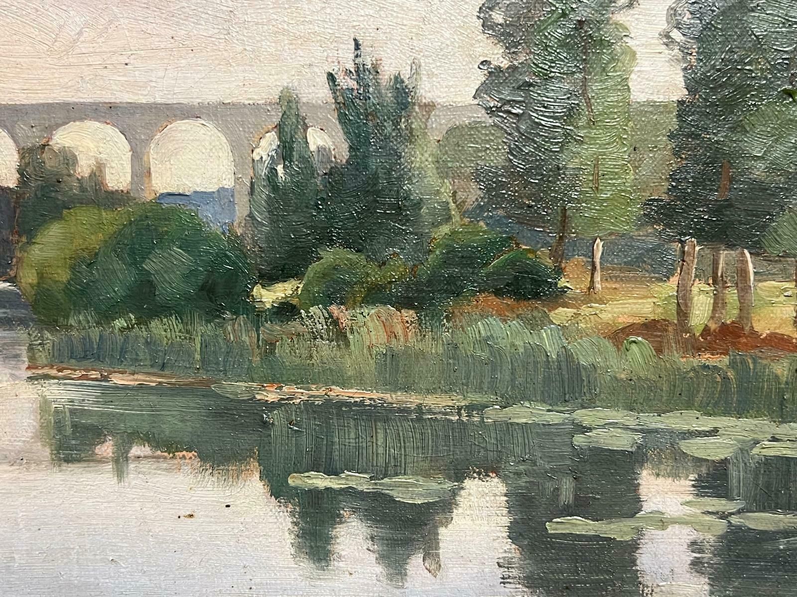 French Schoolantique French Impressionist 1901 Oil Moody River Reflections & Arched Bridge1901 photo 808.0